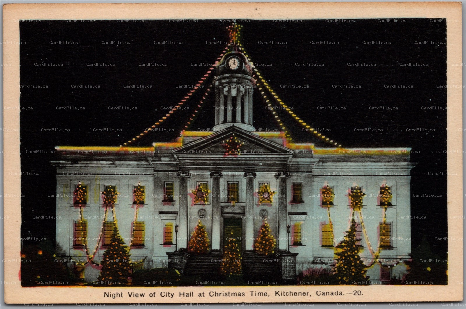 Postcard Kitchener Ontario Night View King at City Hall at Christmas Time Winter