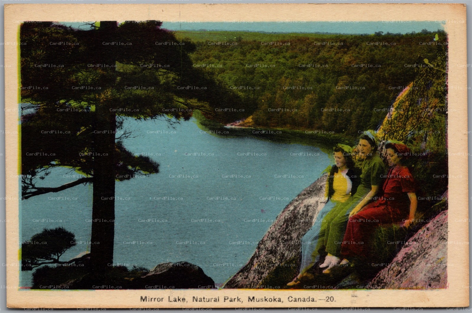 Postcard Muskoka Ontario Mirror Lake Natural Park Women on Rock Scenic View