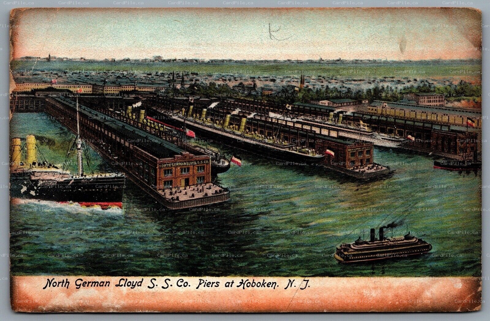 Postcard Hoboken NJ c1905 North German Lloyd S.S Co. Piers Aerial View Steamship