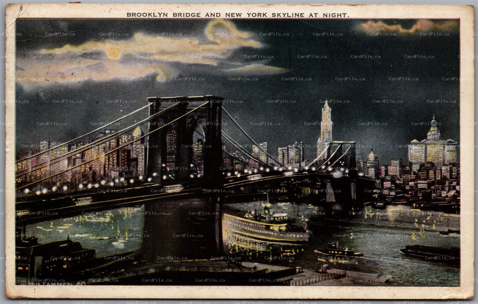 Postcard New York NY c1922 Brooklyn Bridge and Skyline at Night