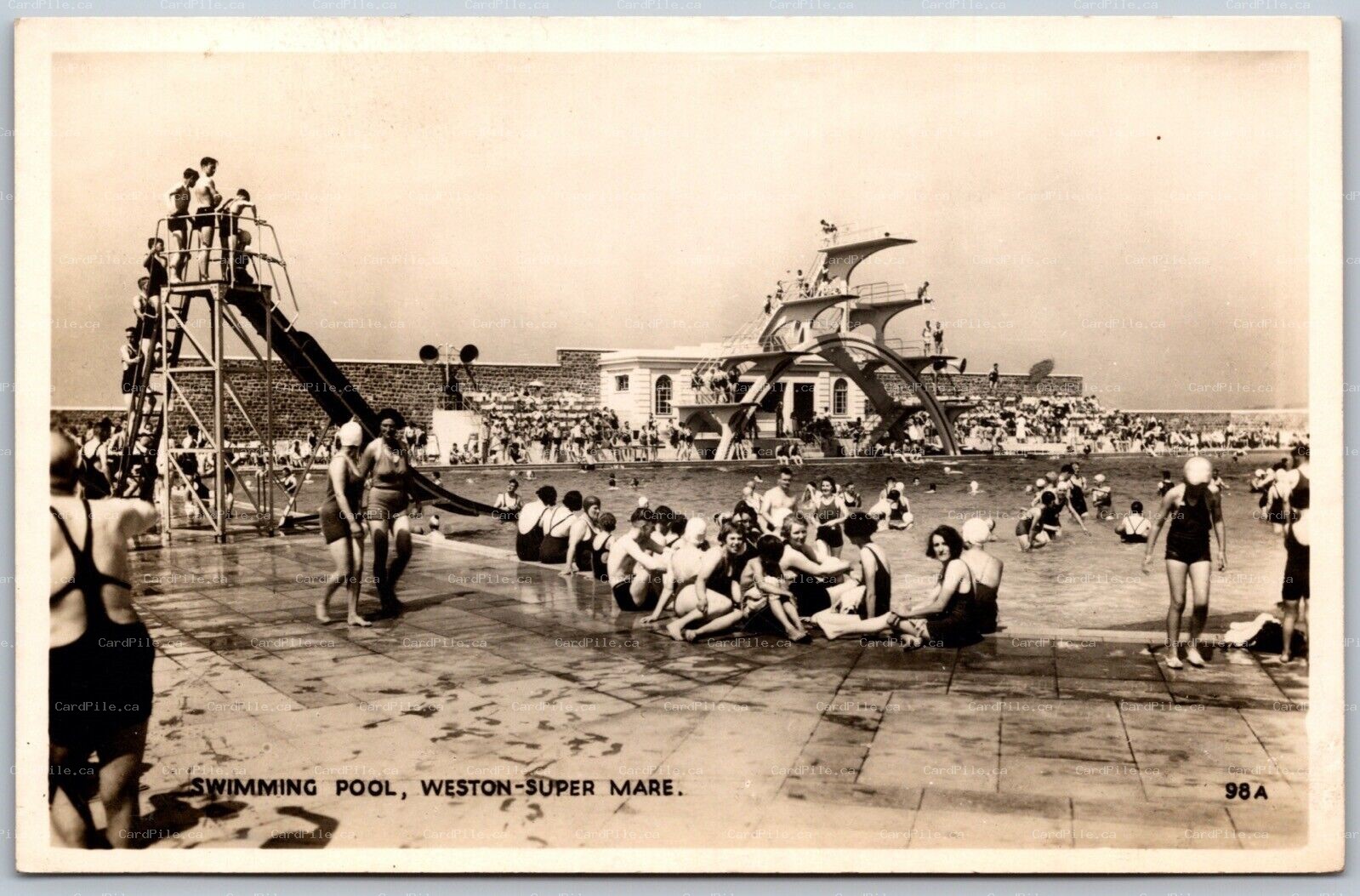Postcard RPPC c1930s Weston-super-Mare England Swimming Pool Bathers Somerset