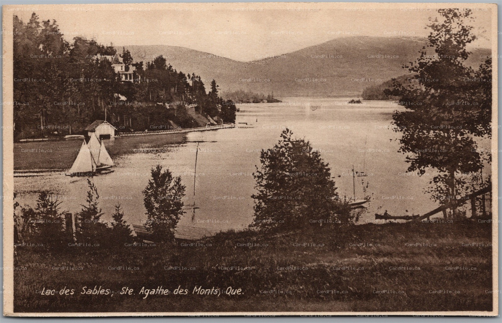 Postcard Ste. Agathe des Monts Quebec Lac des Sables Scenic View Boats