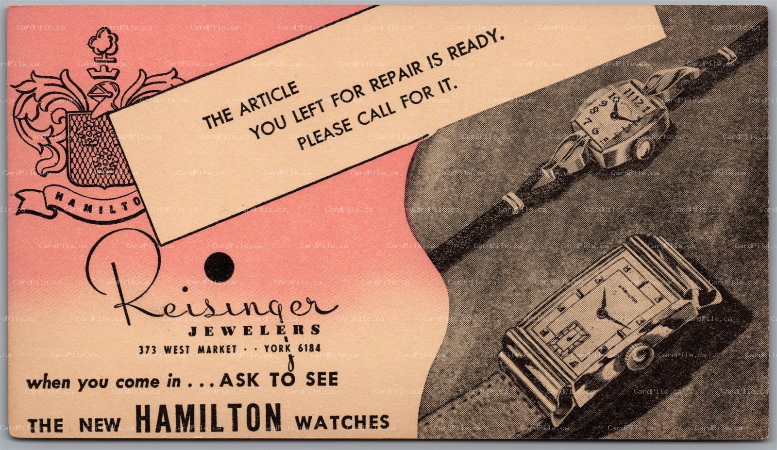 Postcard York Pennsylvania Reisinger Jewelers Hamilton Watches Scott #UX27