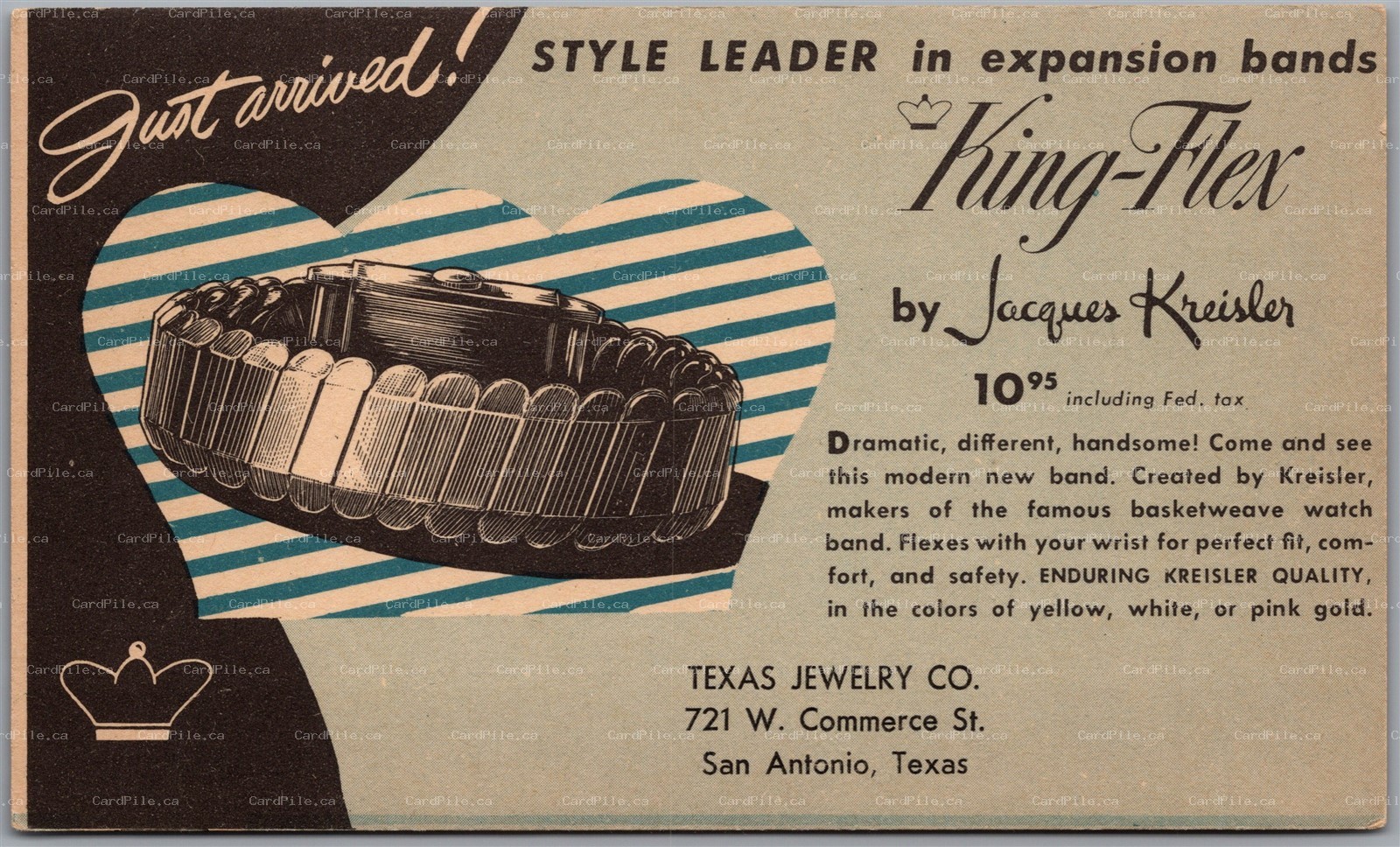 Postcard San Antonio Texas Jewlery Co. King Flex by Jacques Kreisler Advert.