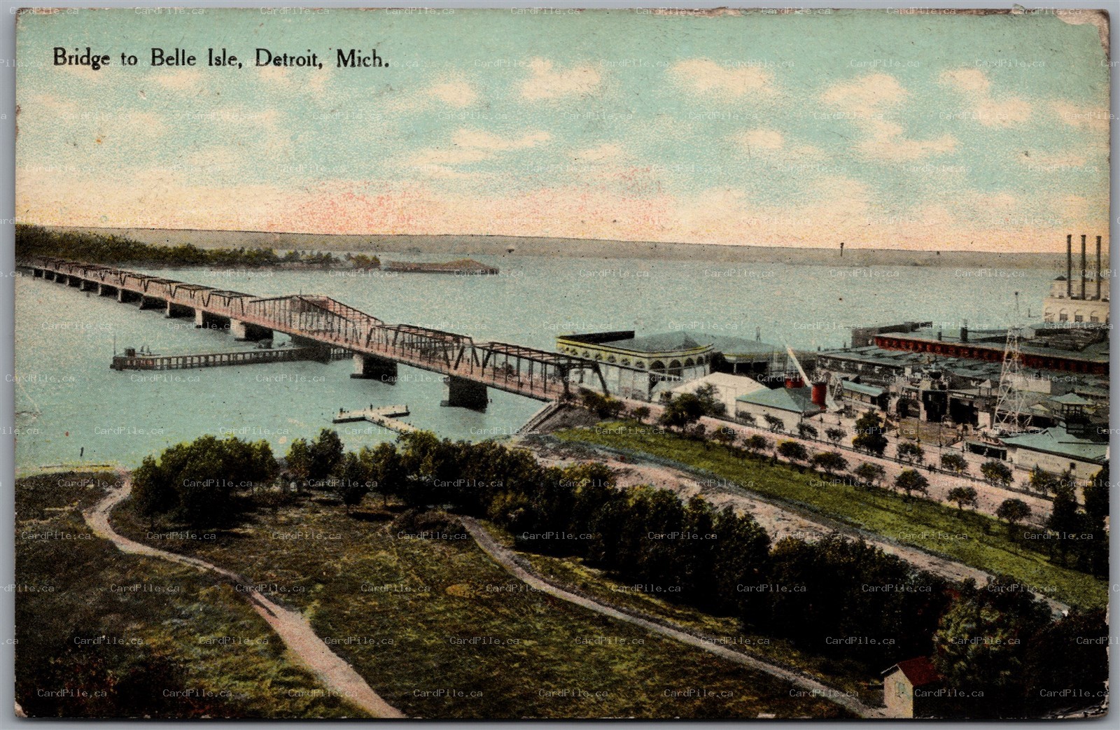 Postcard Detroit Michigan c1910s Bridge to Belle Isle River Wayne County