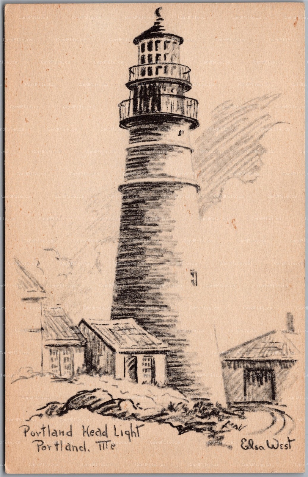 Postcard Portland Maine c1930s Lighthouse Artist Signed Elsa West Cumberland Co.