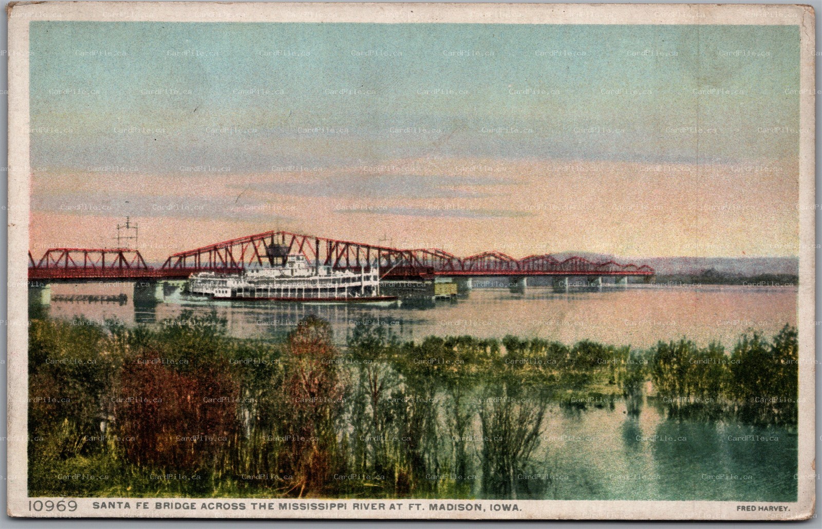 Postcard Ft. Madison Iowa Santa Fe Bridge Across Mississippi River Fred Harvey