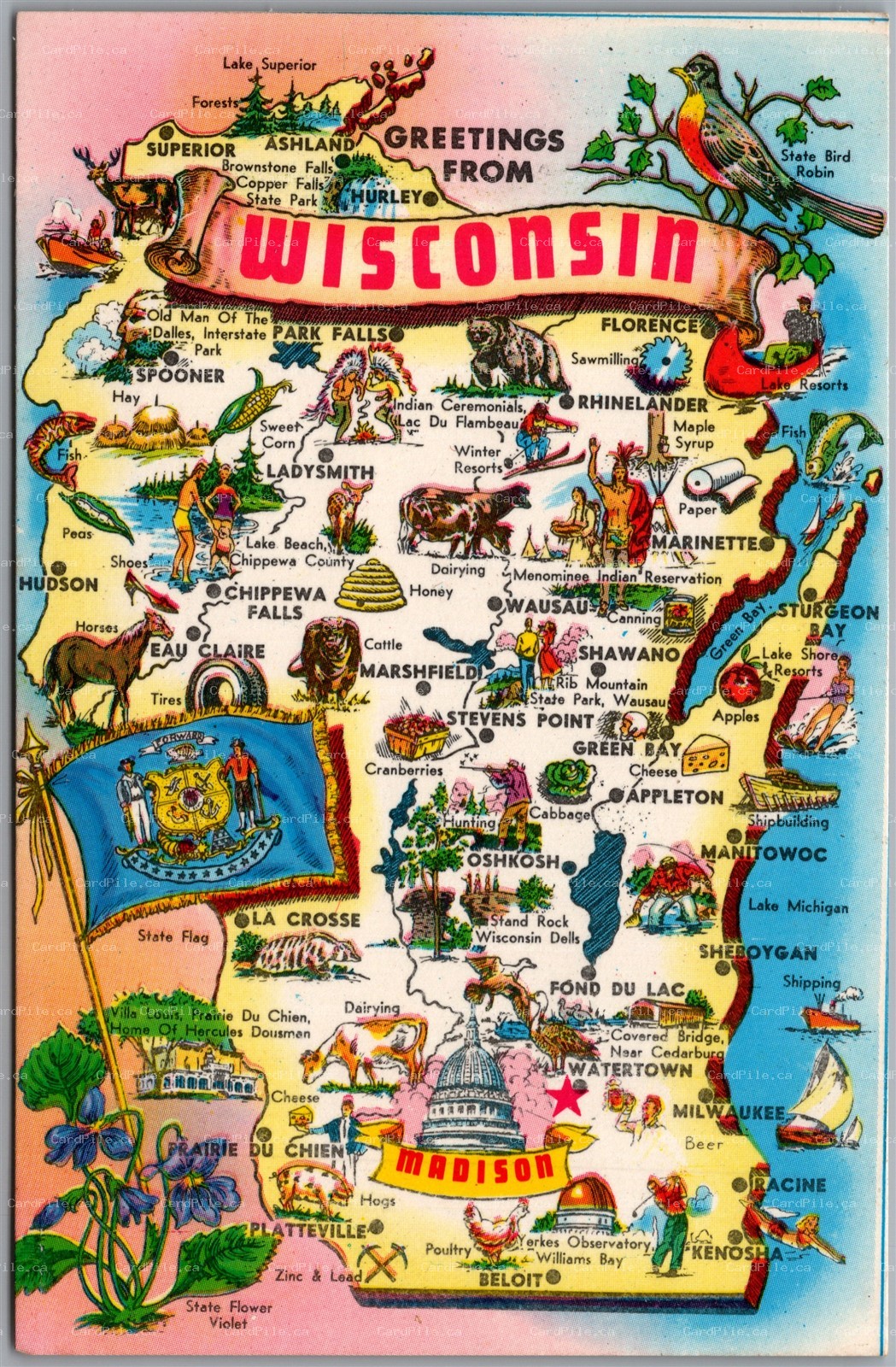 Postcard Greetings from Wisconsin State Map Landmarks and Places