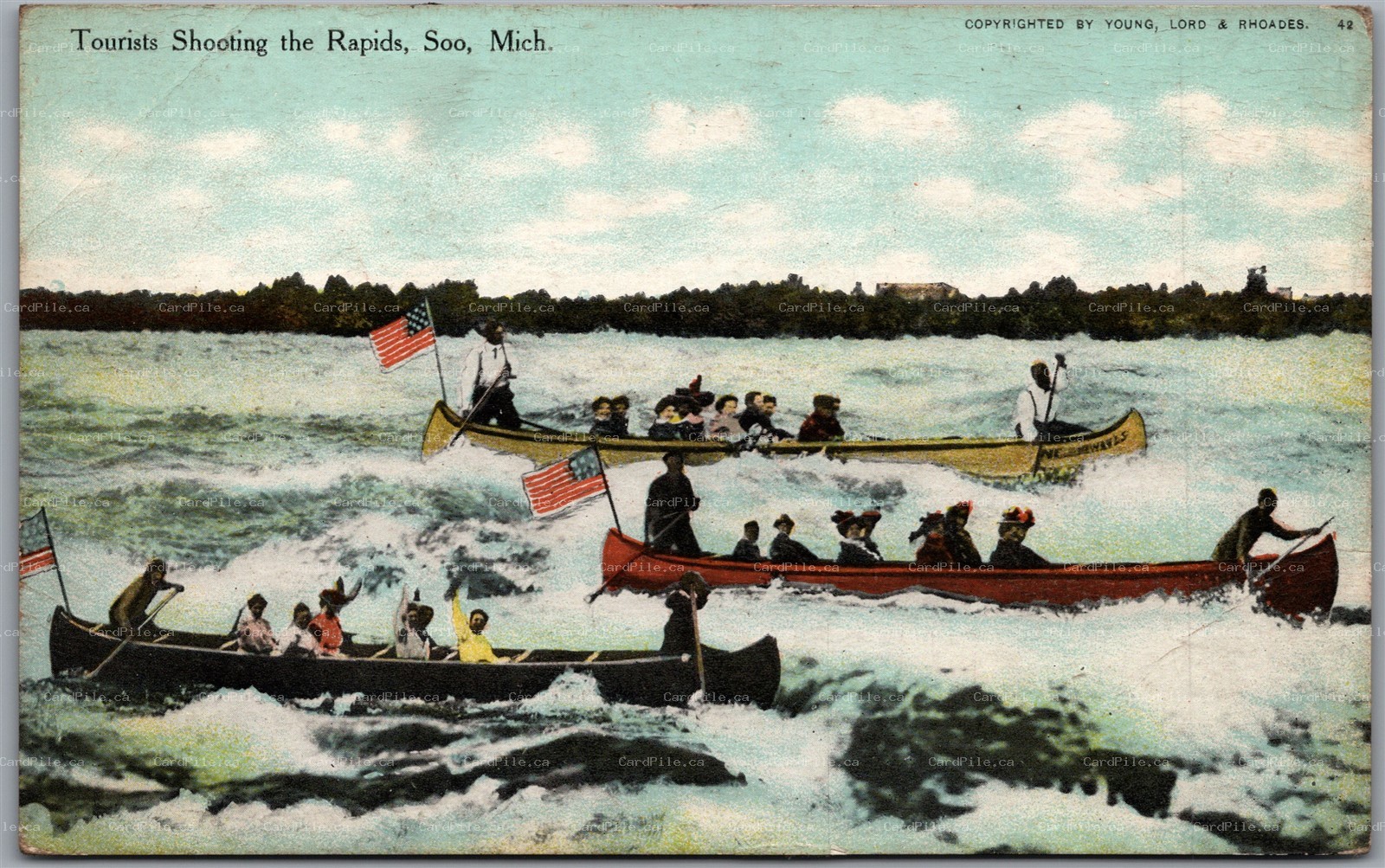Postcard Soo Michigan c1910s Tourists Shooting the Rapids Canoeing