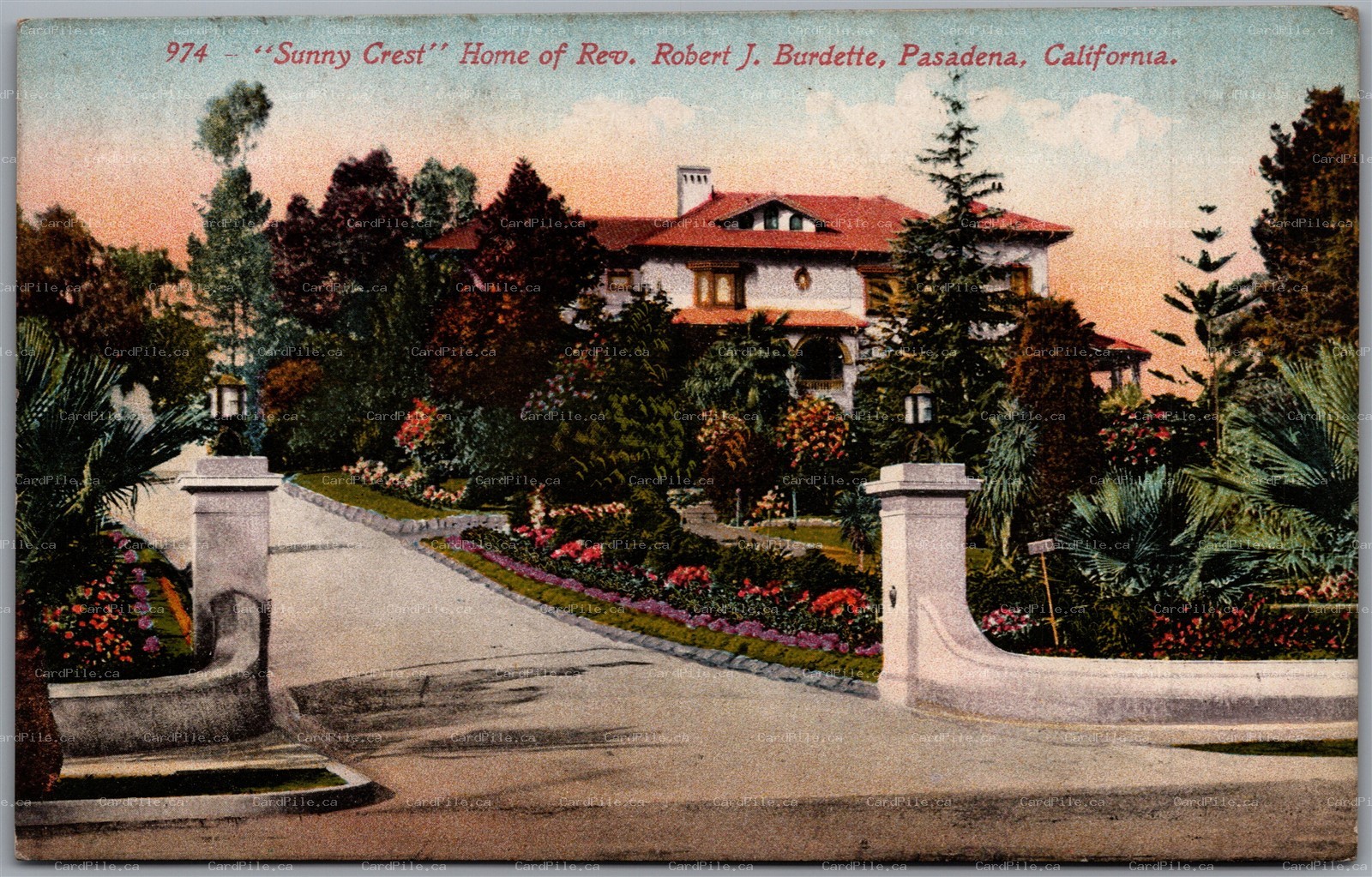 Postcard Pasadena CA Sunny Crest Home of Rev. Robert J. Burdette Edward Mitchell