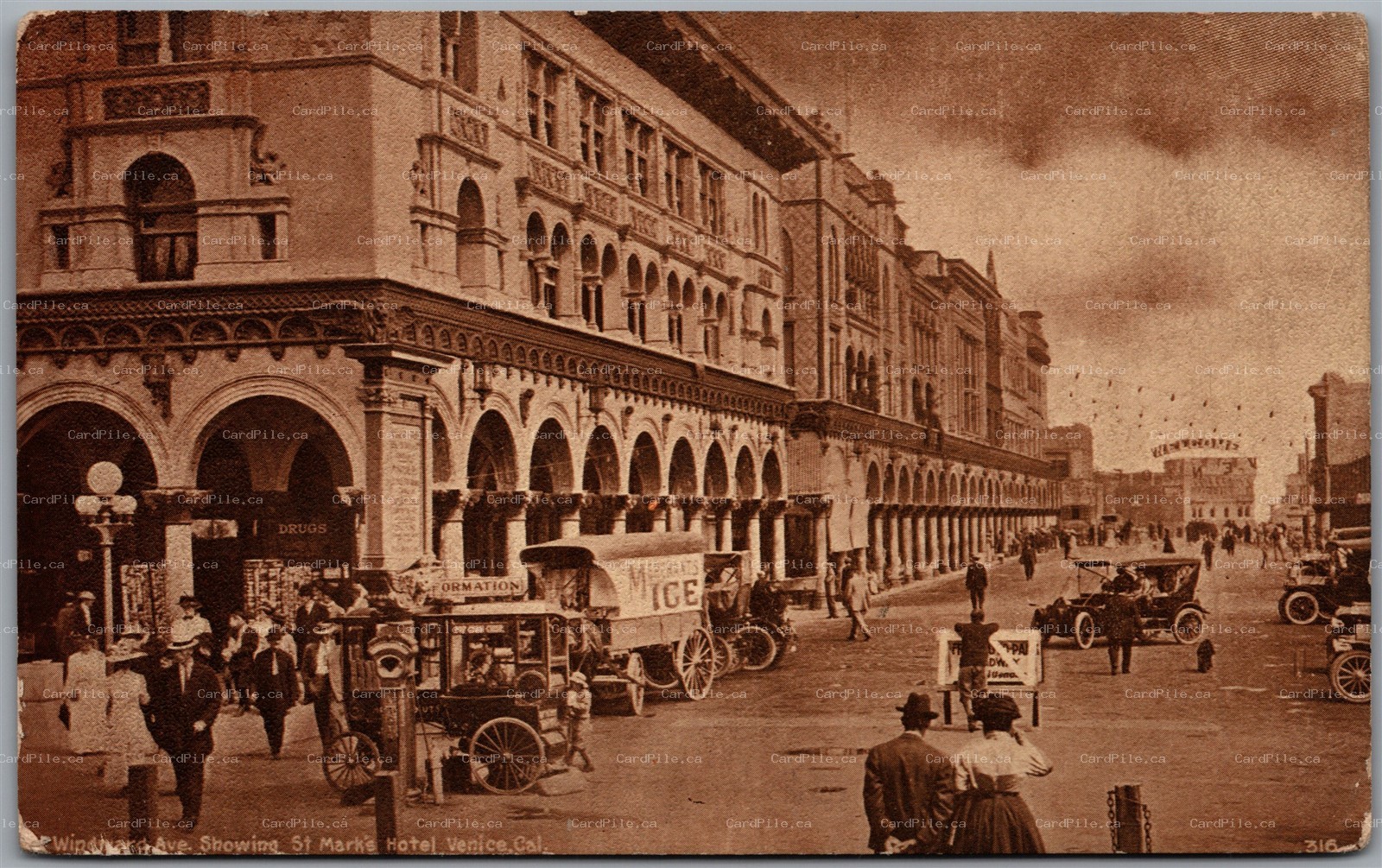 Postcard Venice California Windward Ave. Showing St. Marks Hotel