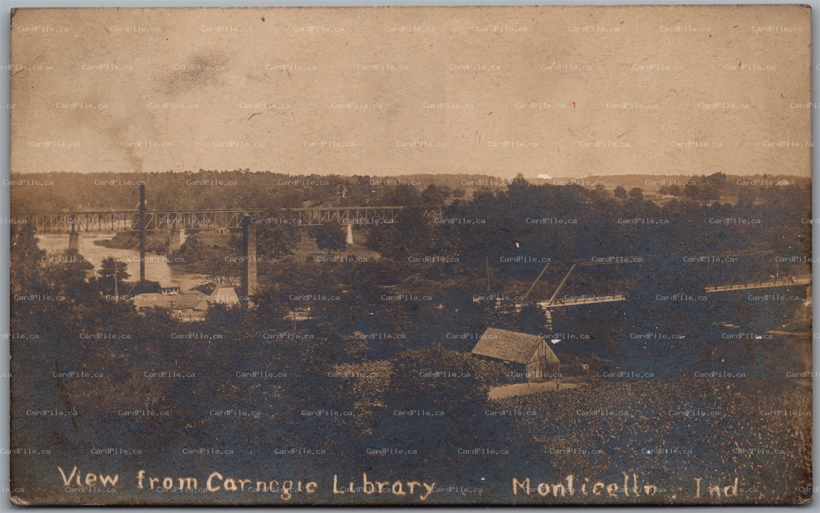 Postcard RPPC 1910s Monticello Indiana View from Carnegie Library Trestle Bridge