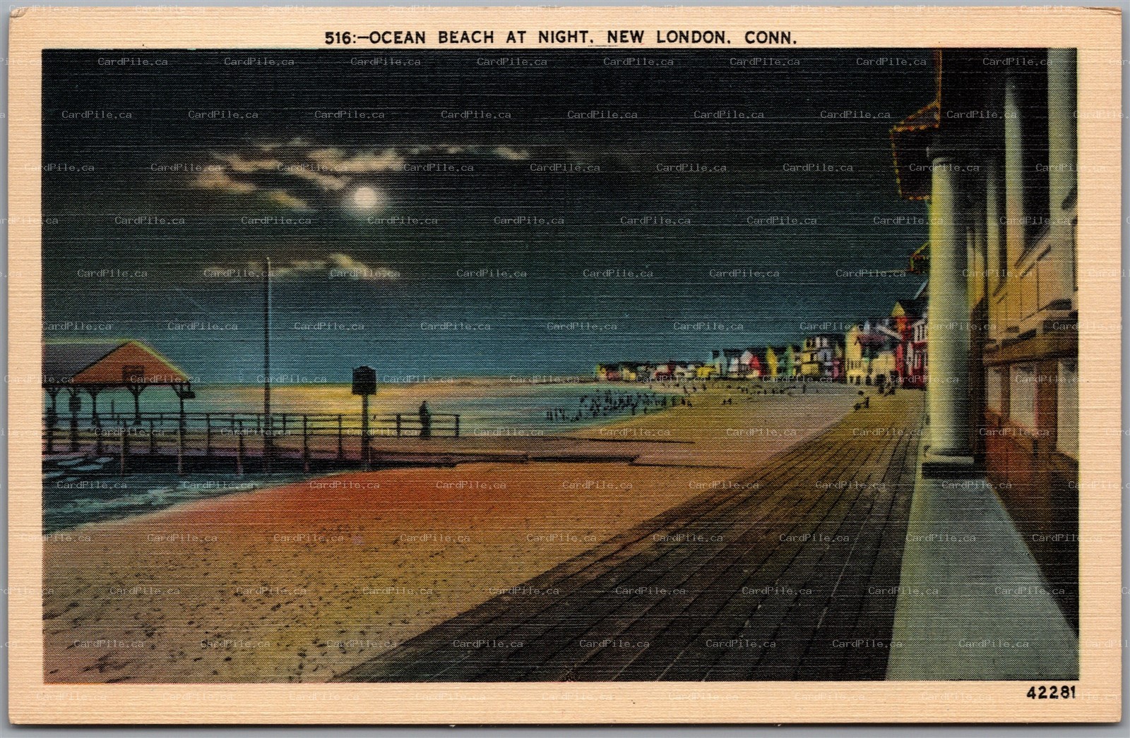 Postcard New London Connecticut Ocean Beach at Night Boardwalk Moonlight