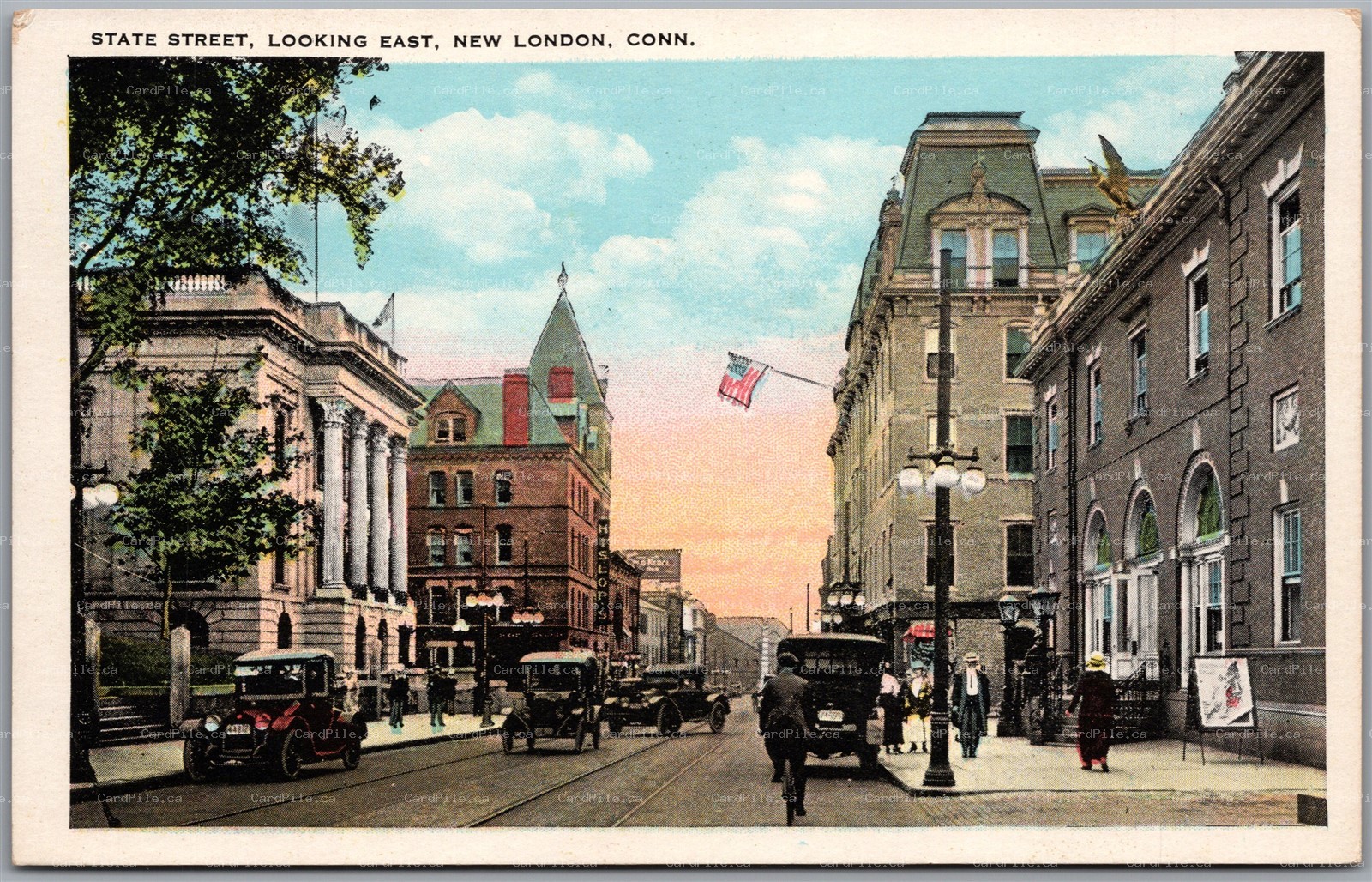 Postcard New London Connecticut State Street Looking East Old Cars