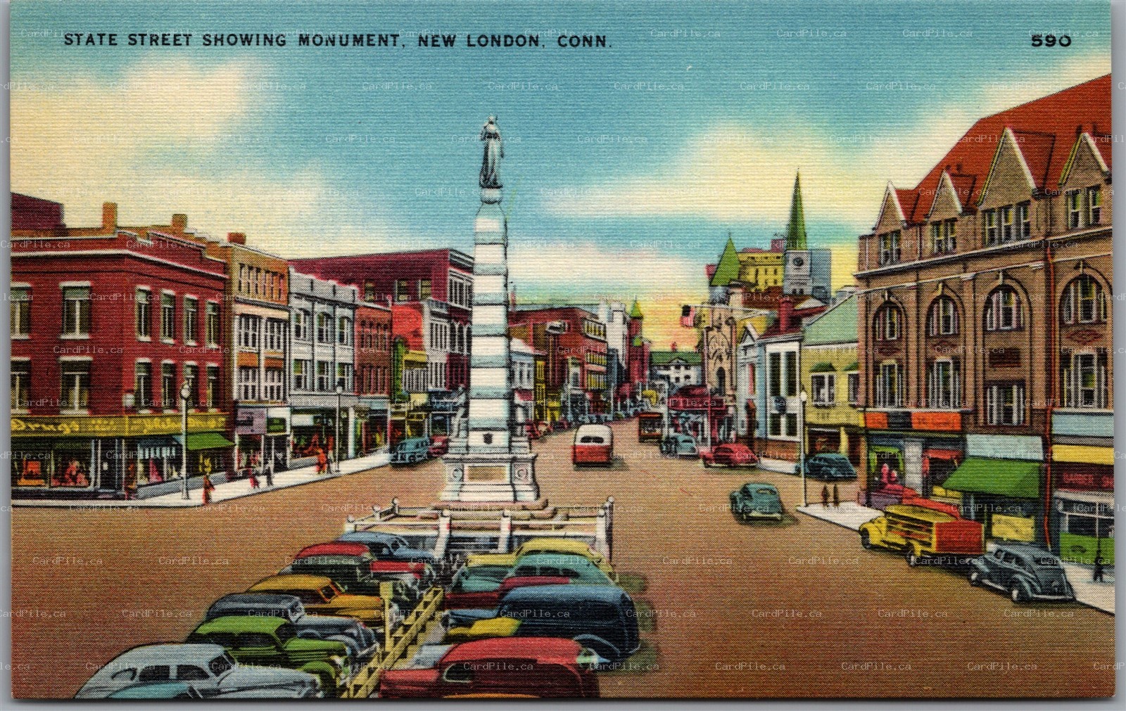 Postcard New London Connecticut State Street Showing Monument