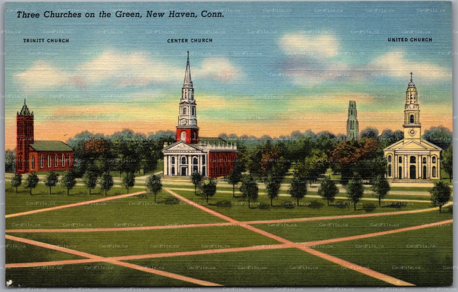 Postcard New Haven Connecticut Three Churches on the Green Trinity Center United