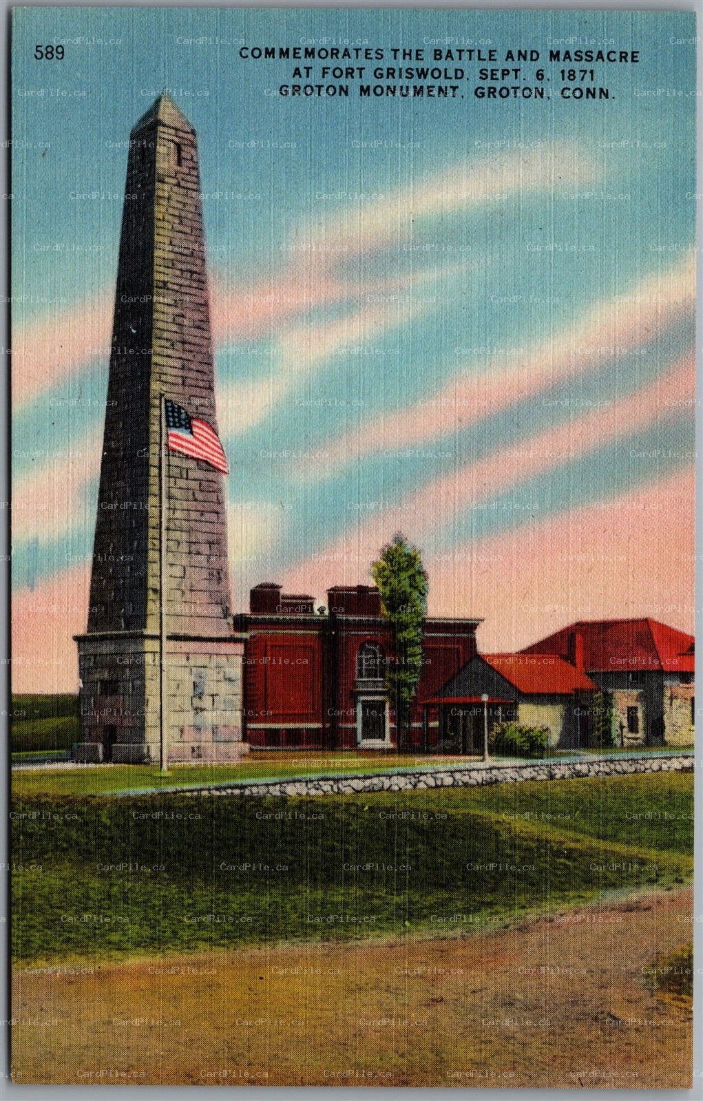 Postcard Groton Connecticut Monument Commemorating Battle & Massacre Ft Griswold