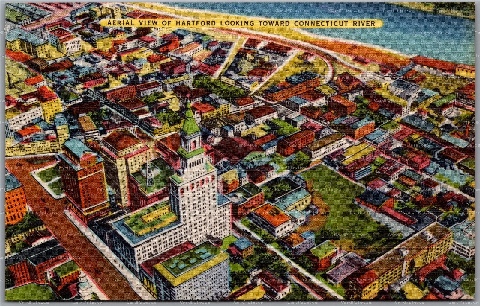 Postcard Hartford Connecticut Aerial View Towards Connecticut River