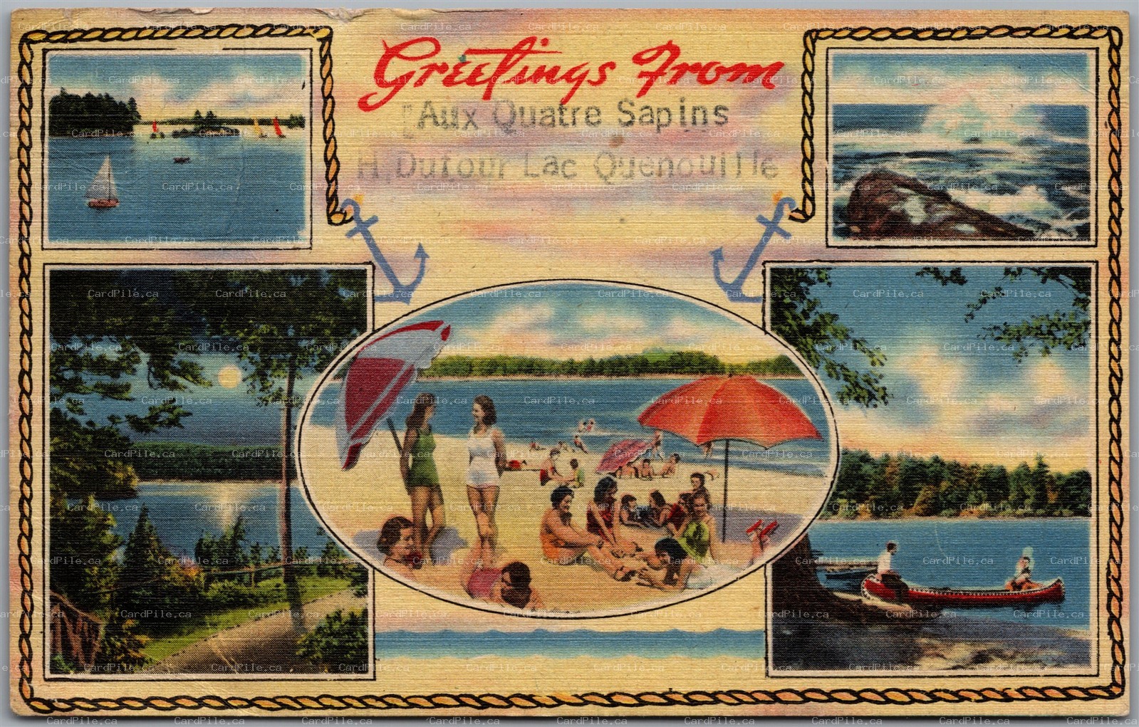 Postcard 1951 Greetings from L'Aux Quatre Sapins H. Dufour Lac Quenouille Quebec