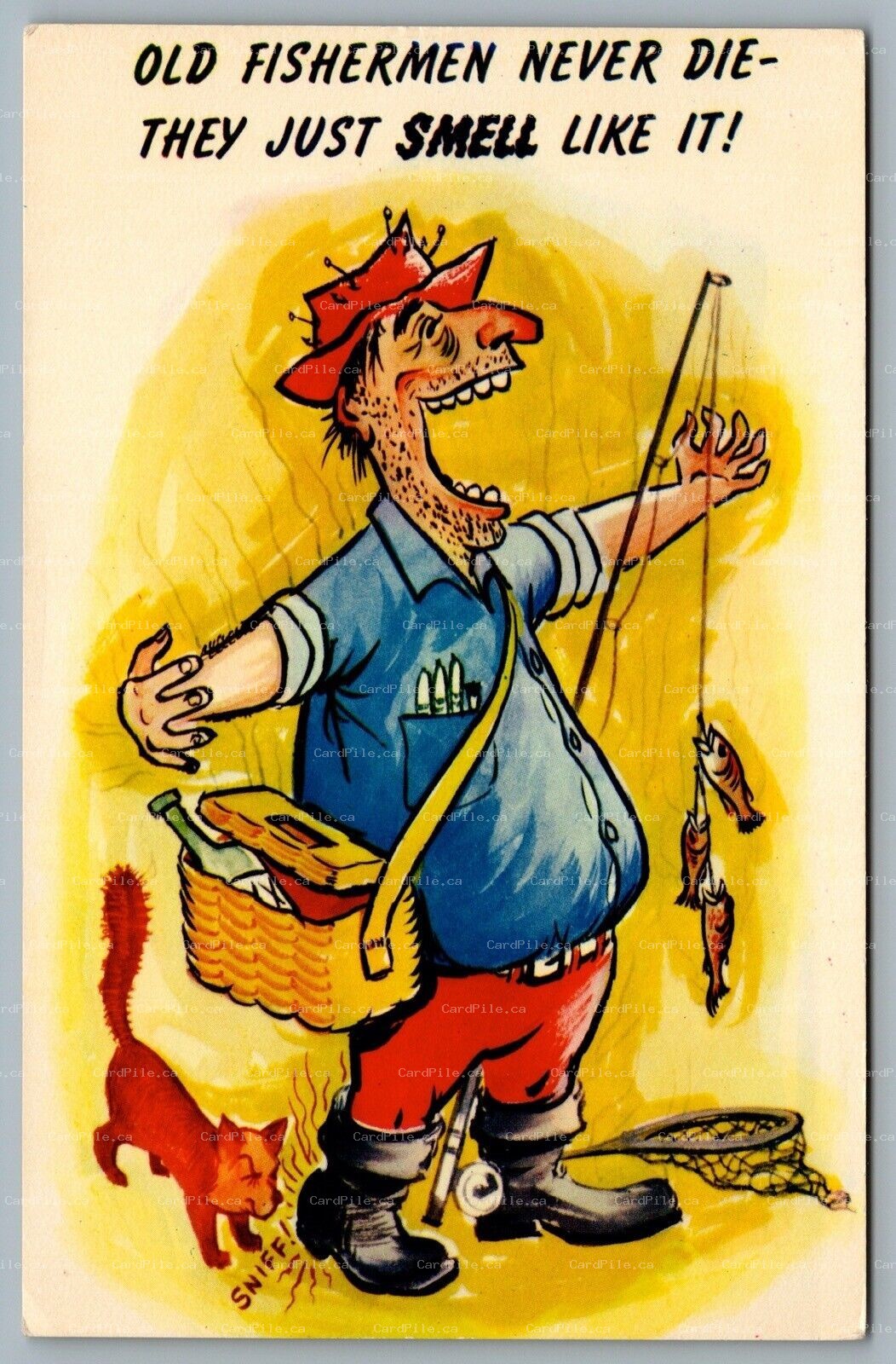 Postcard c1950s Fishing Related Old Fishermen Never Die They Just Smell Like It