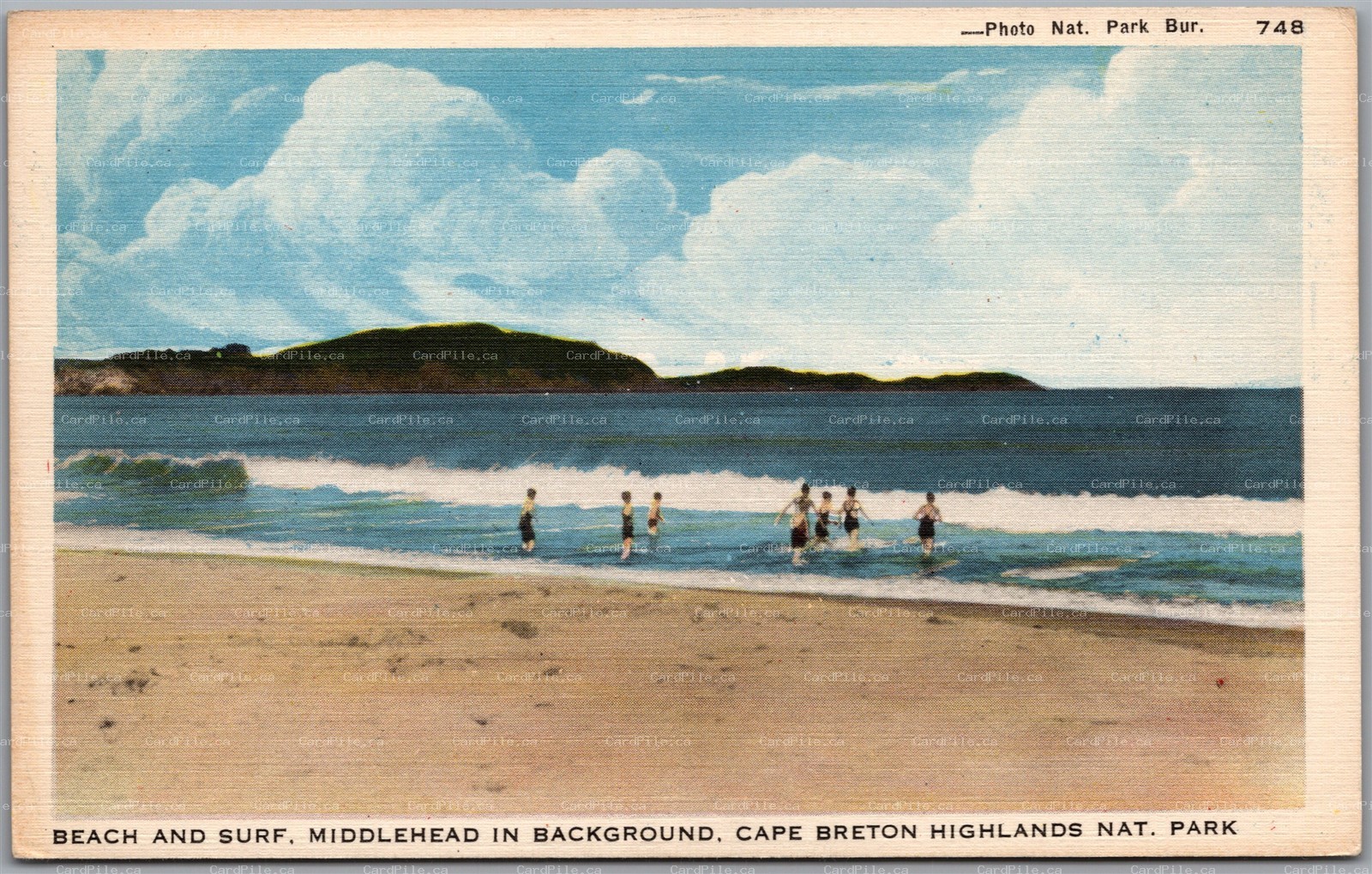 Postcard Cape Breton Highlands National Park NS Beach & Surf Middlehead in Back