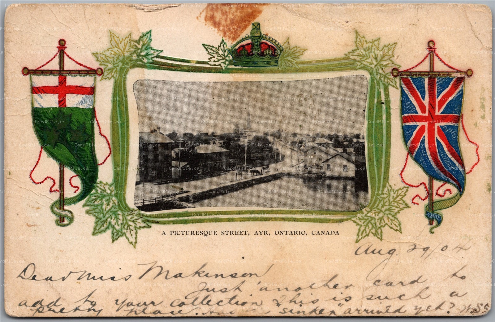 Postcard Ayr Ontario c1904 A Picturesque Street Patriotic Novelty Souvenir RARE