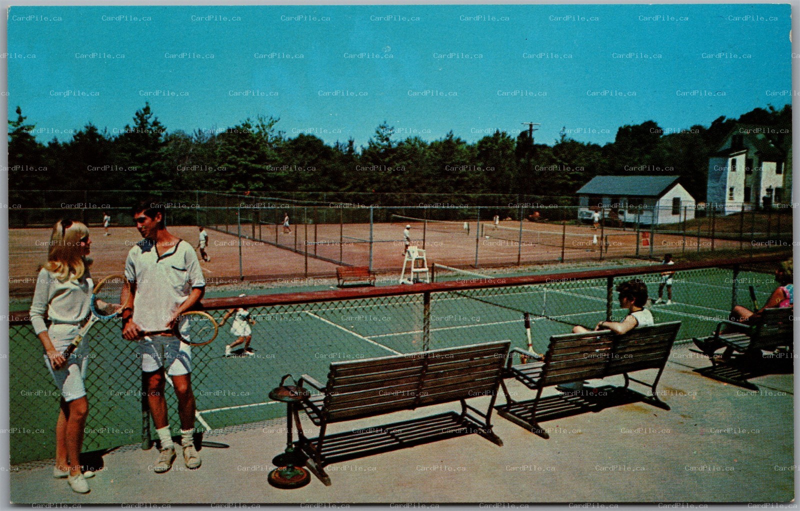 Postcard Kiamesha Lake New York Concord Hotel Tennis Court Benches