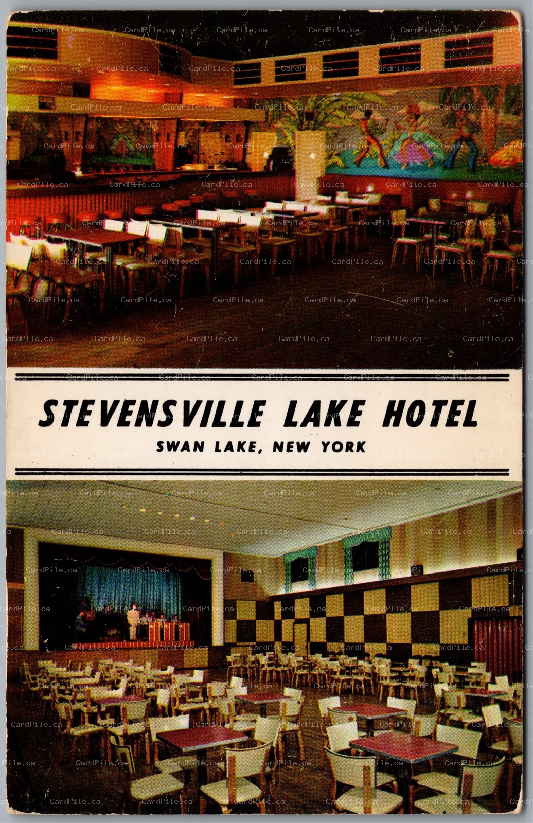 Postcard Swan Lake New York c1960s Stevensville Lake Hotel Dual View MCM