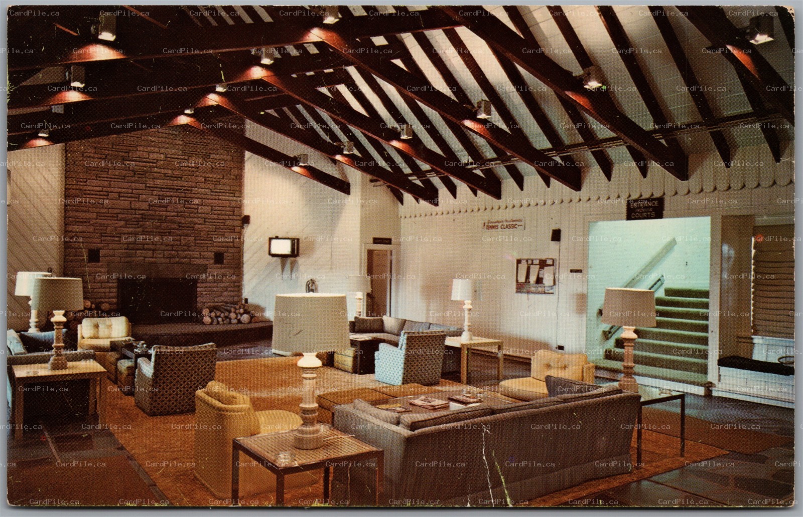 Postcard Liberty New York Grossingers Catskill Resort Hotel Tennis Center Lounge