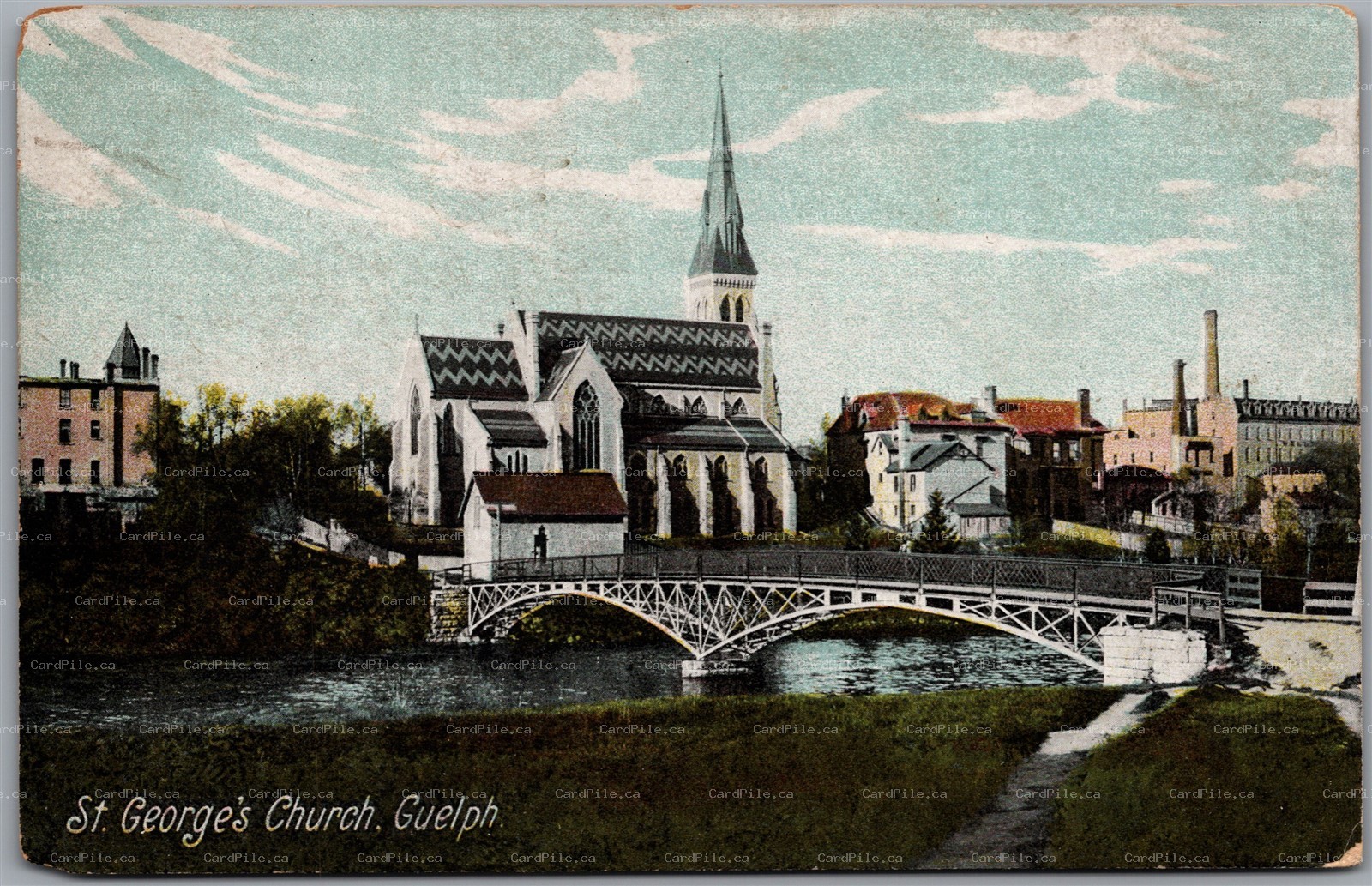 Postcard Guelph Ontario c1910s St. George's Church River Speed Foot Bridge