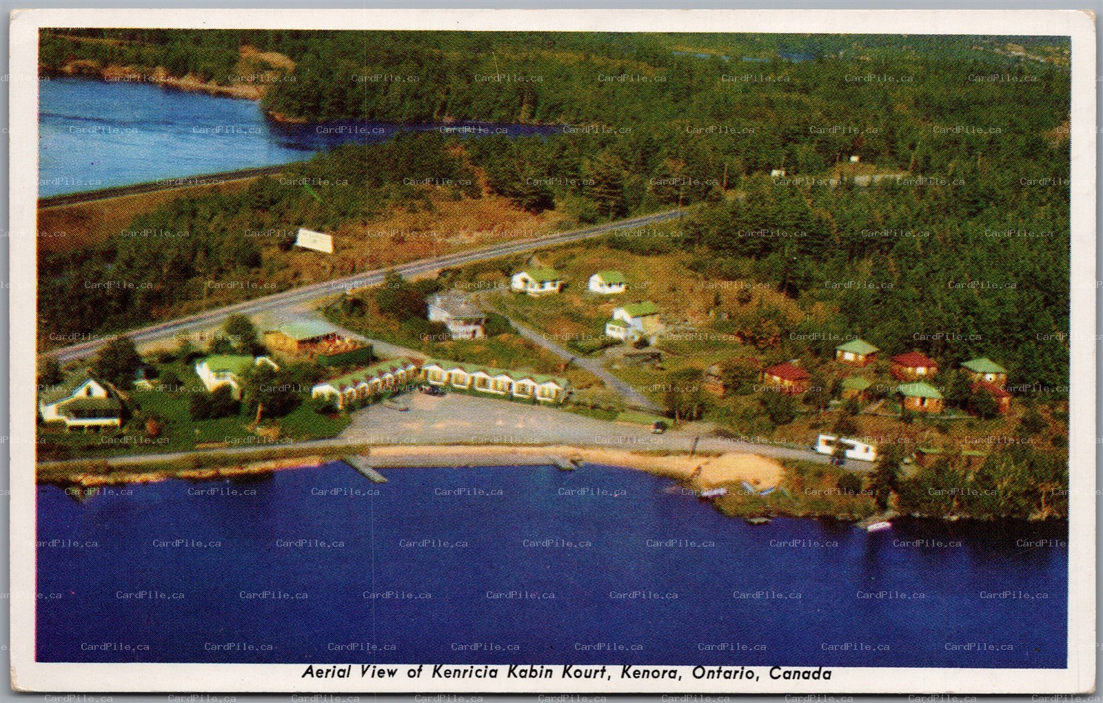 Postcard Kenora Ontario Aerial View of Kenricia Kabin Kourt Lake of the Woods