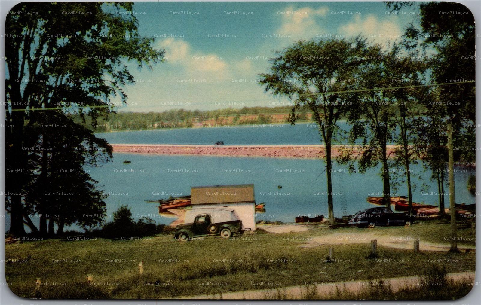 Postcard Peterborough Ontario Lake Chemong and Causeway Old Car Truck by PECO