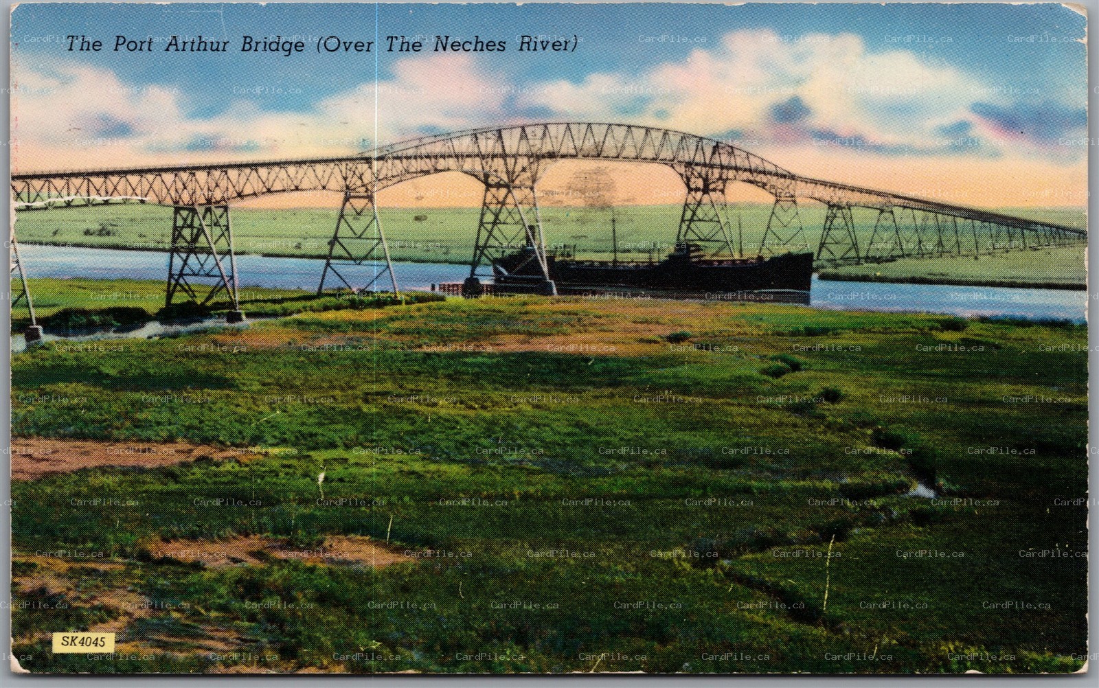 Postcard West Orange Texas c1954 The Port Arthur Bridge Neches River Orange Co.
