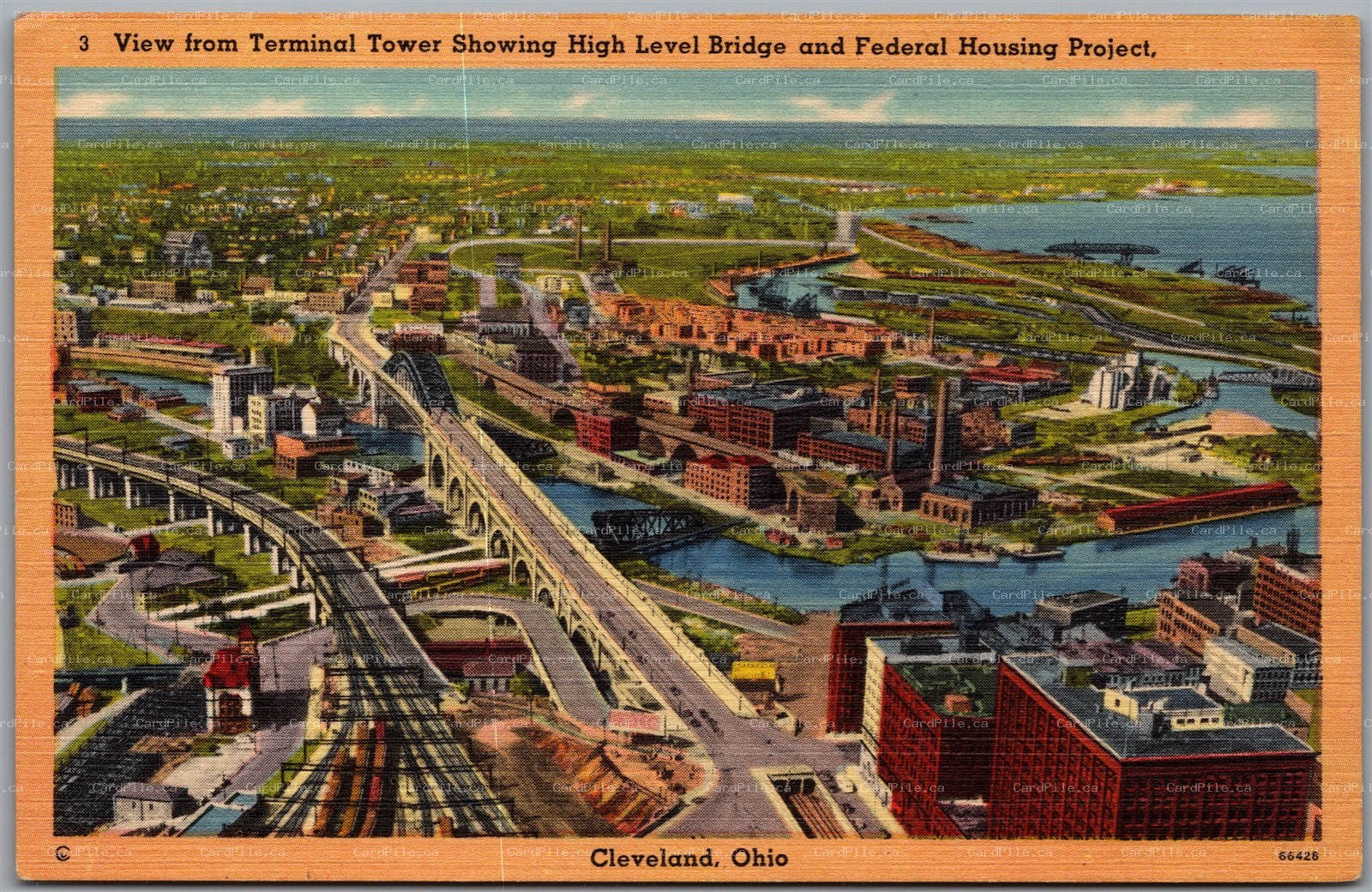 Postcard Cleveland Ohio Aerial View from Terminal Tower Showing Bridge Projects