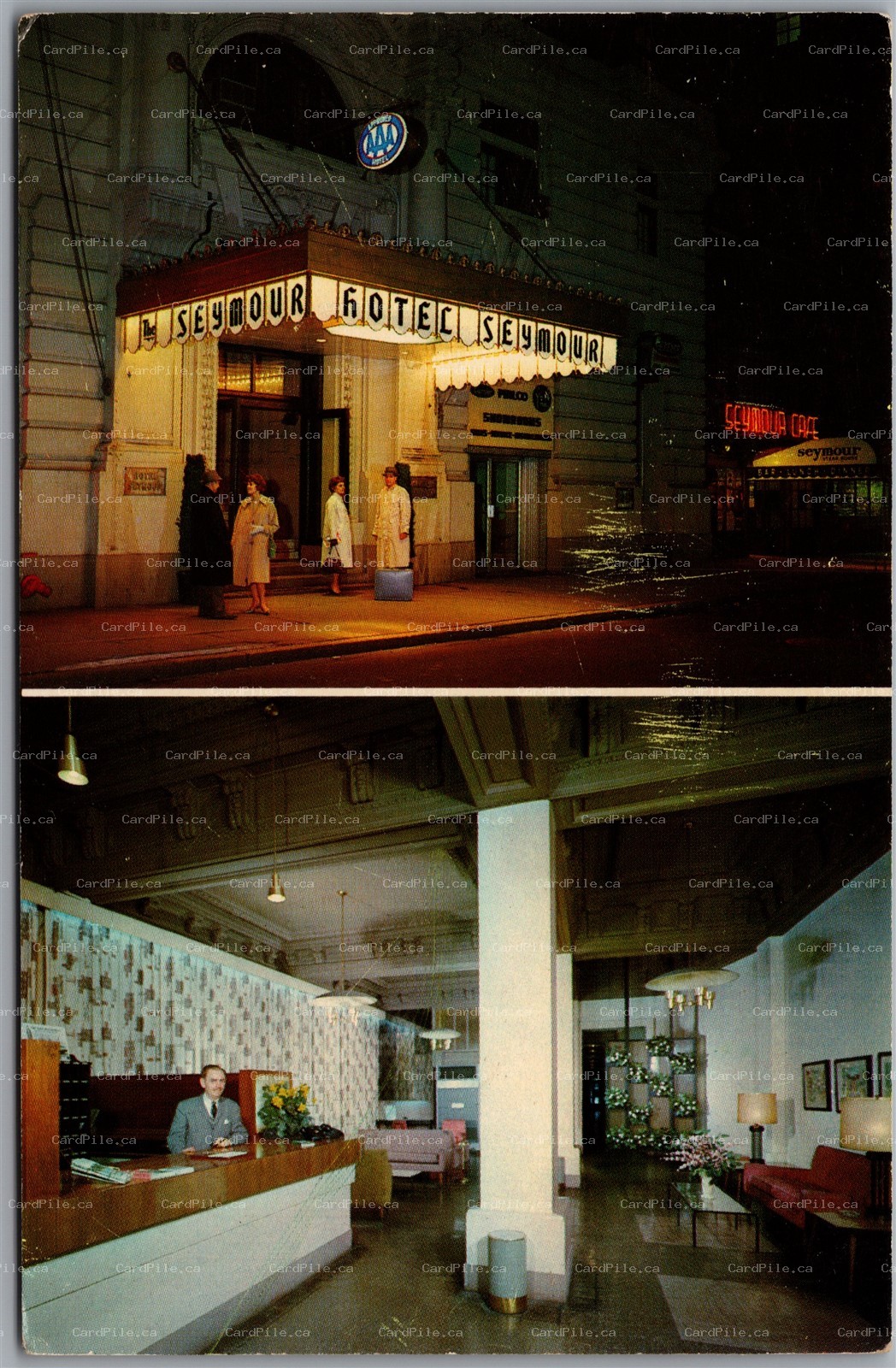 Postcard New York City NY c1965 Hotel Seymour Dual View Lobby MCM Furniture