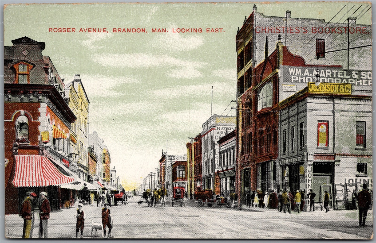 Postcard Brandon Manitoba 1910s Rosser Avenue Looking East Signs Shops Bookstore