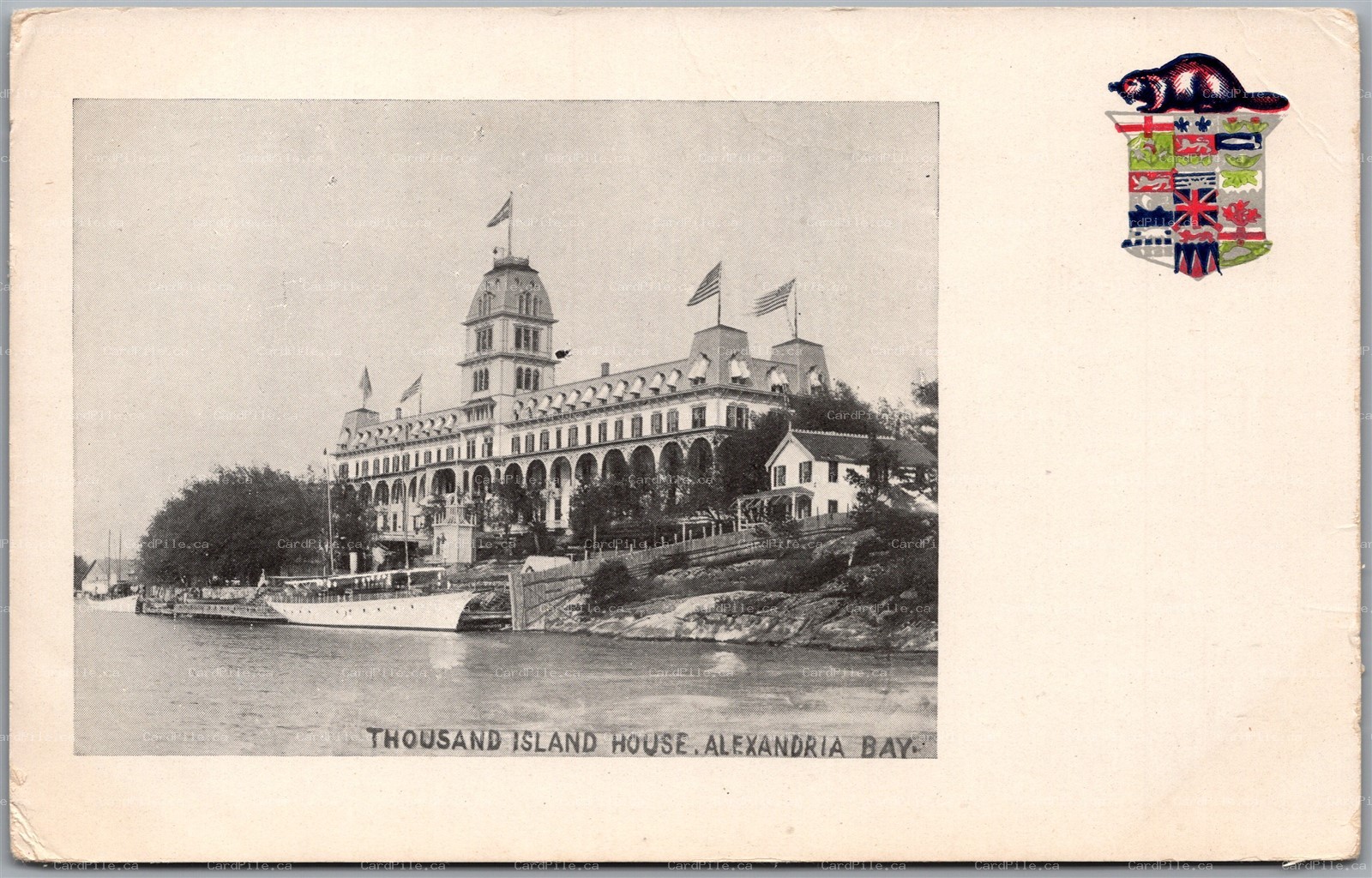 Postcard Thousand Islands Ontario House Alexandria Bay Heraldic Crest Beaver