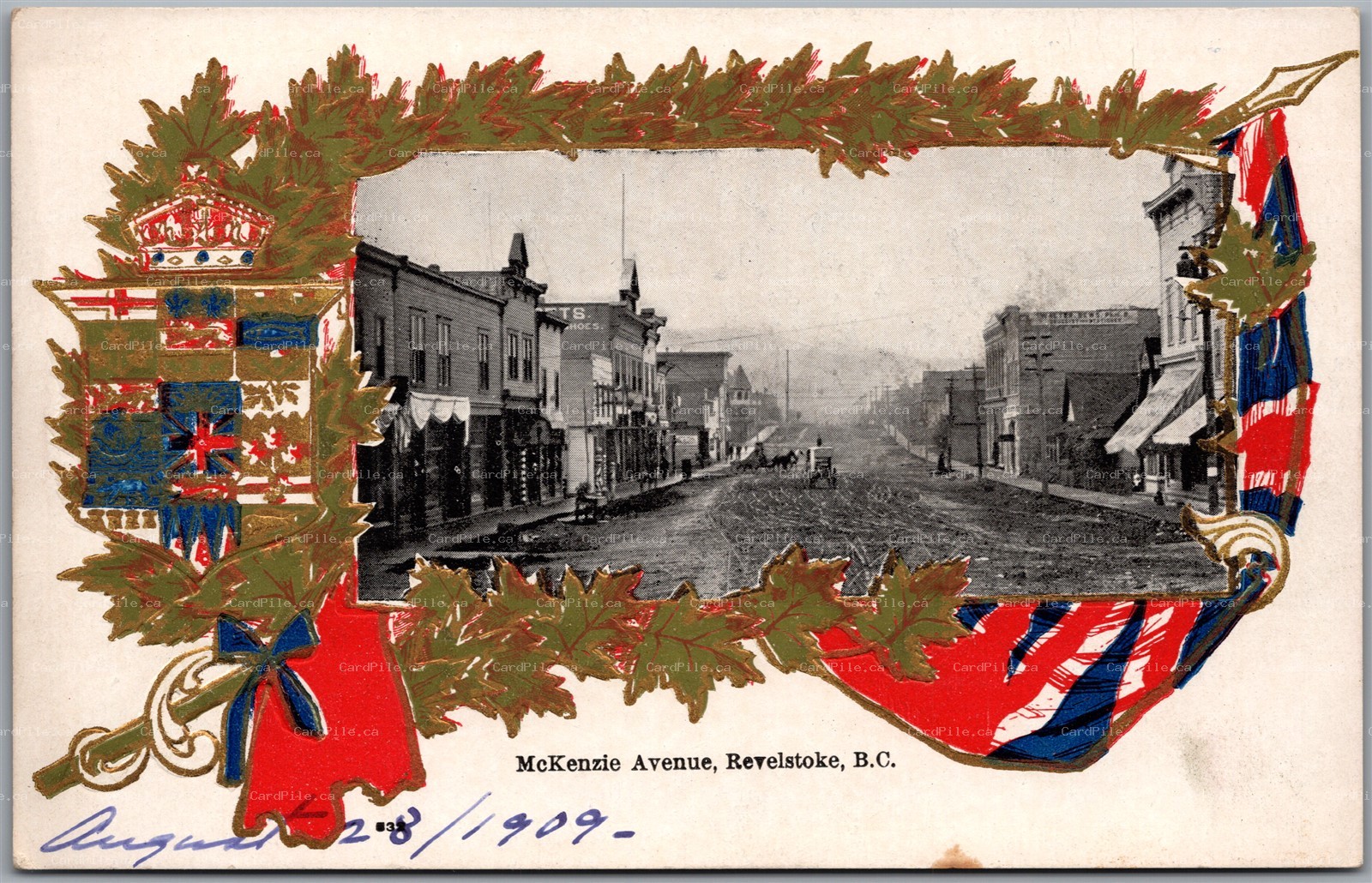 Postcard Revelstoke British Columbia McKenzie Avenue Warwick Patriotic Crest