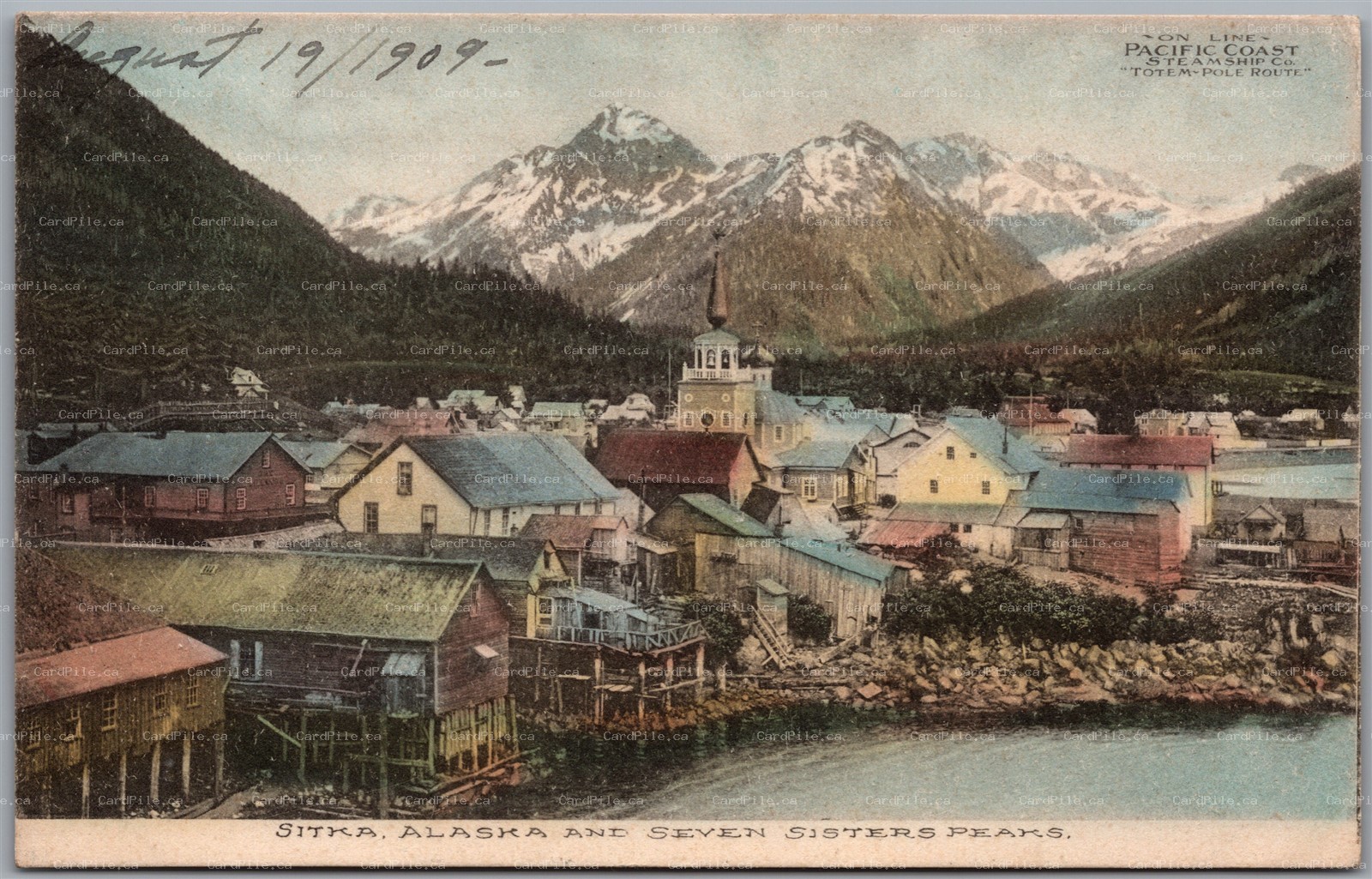 Postcard Sitka Alaska 1909 Seven Sister Peaks by Albertype Totem Pole Route