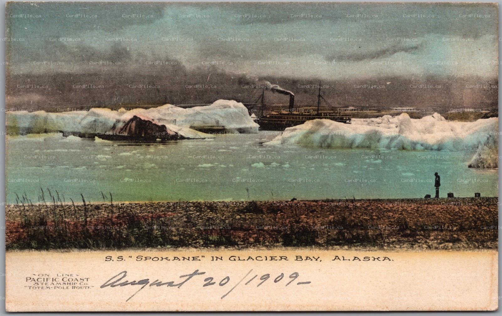 Postcard Alaska c1909 S. S. Spokane in Glacier Bay by Albertype Totem Pole Route