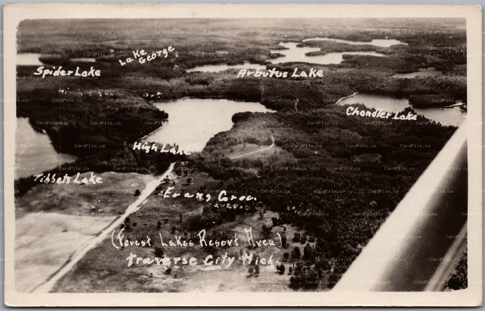 Postcard RPPC c1930s Traverse City Michigan Aerial View Named Lakes