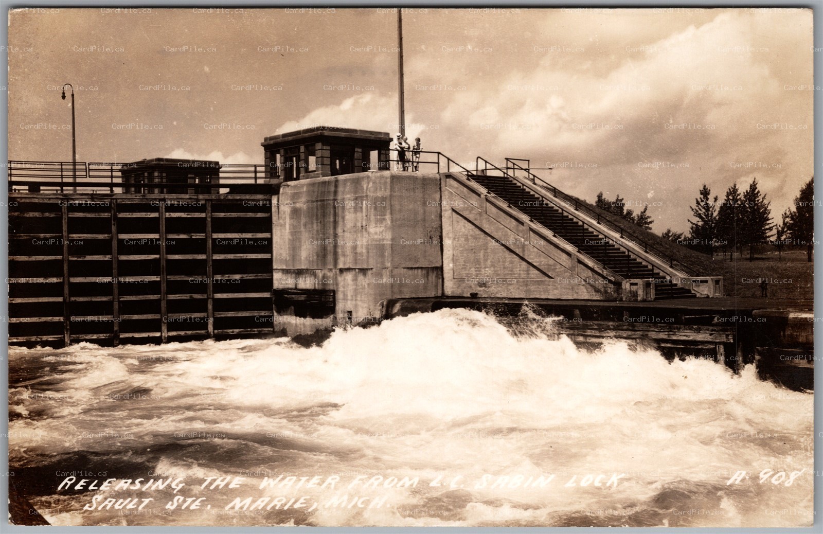 Postcard RPPC Sault Ste. Marie Michigan Releasing Water From L. C. Sabin Lock