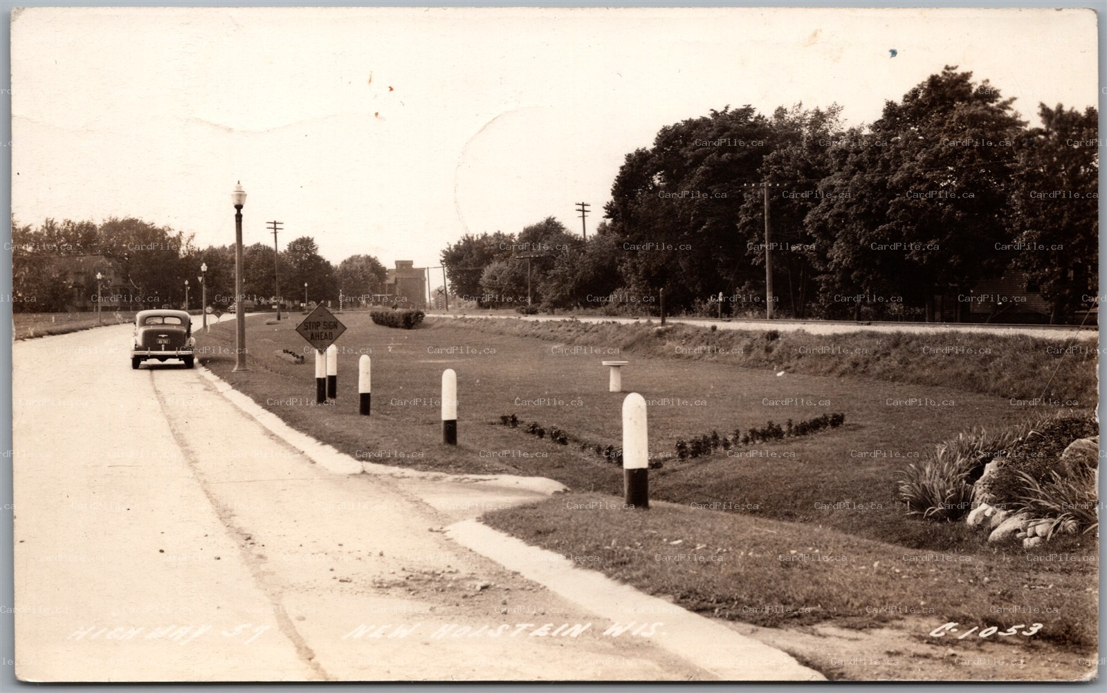Postcard RPPC c1945 New Holstein Wisconsin Highway 59 Old Car Calumet County