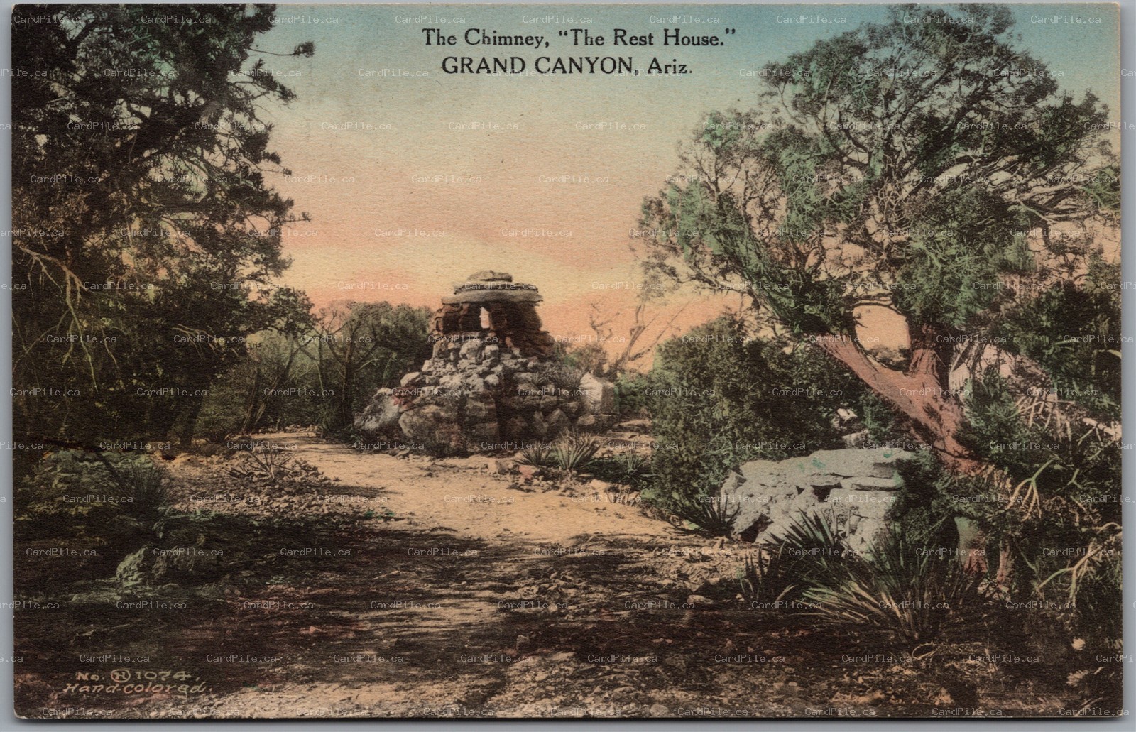 Postcard Grand Canyon Arizona The Chimney Rest House Hand Colored by Fred Harvey