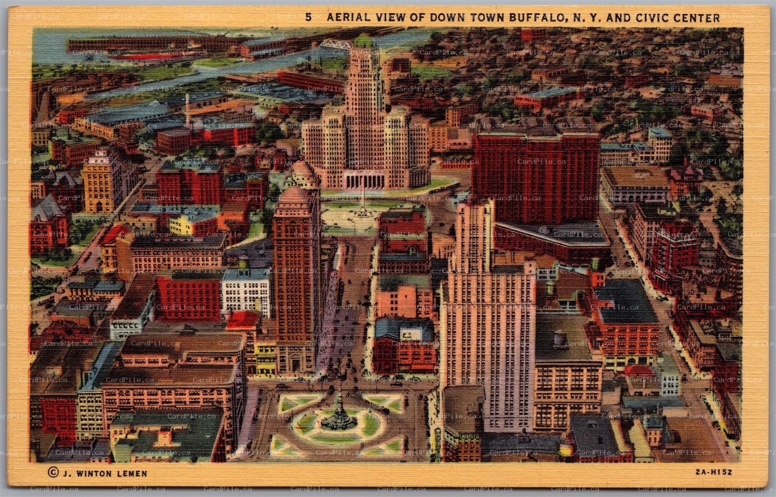 Postcard Buffalo New York c1930s Aerial view of Downtown Curt Teich