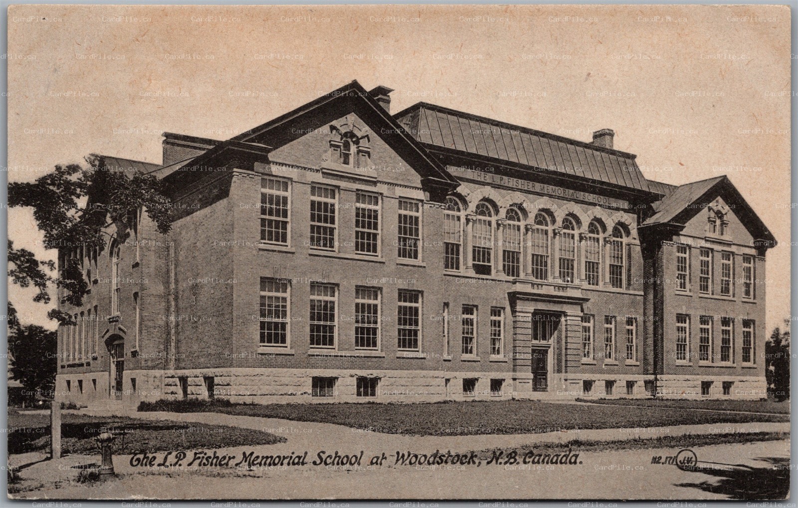 Postcard Woodstock New Brunswick The L. P. Fisher Memorial School Carleton Co.