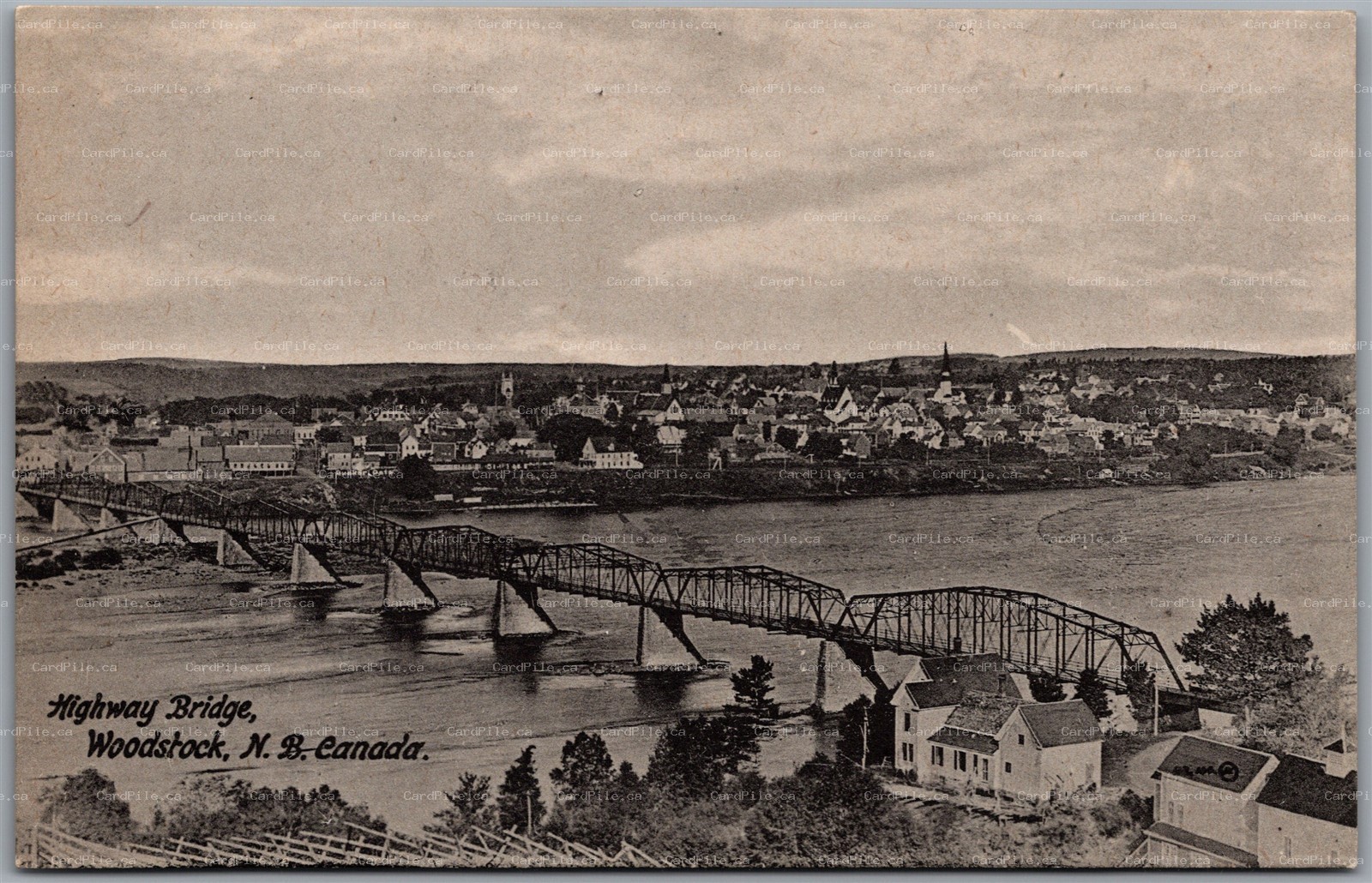 Postcard Woodstock New Brunswick Highway Bridge Birds Eye View Carleton County