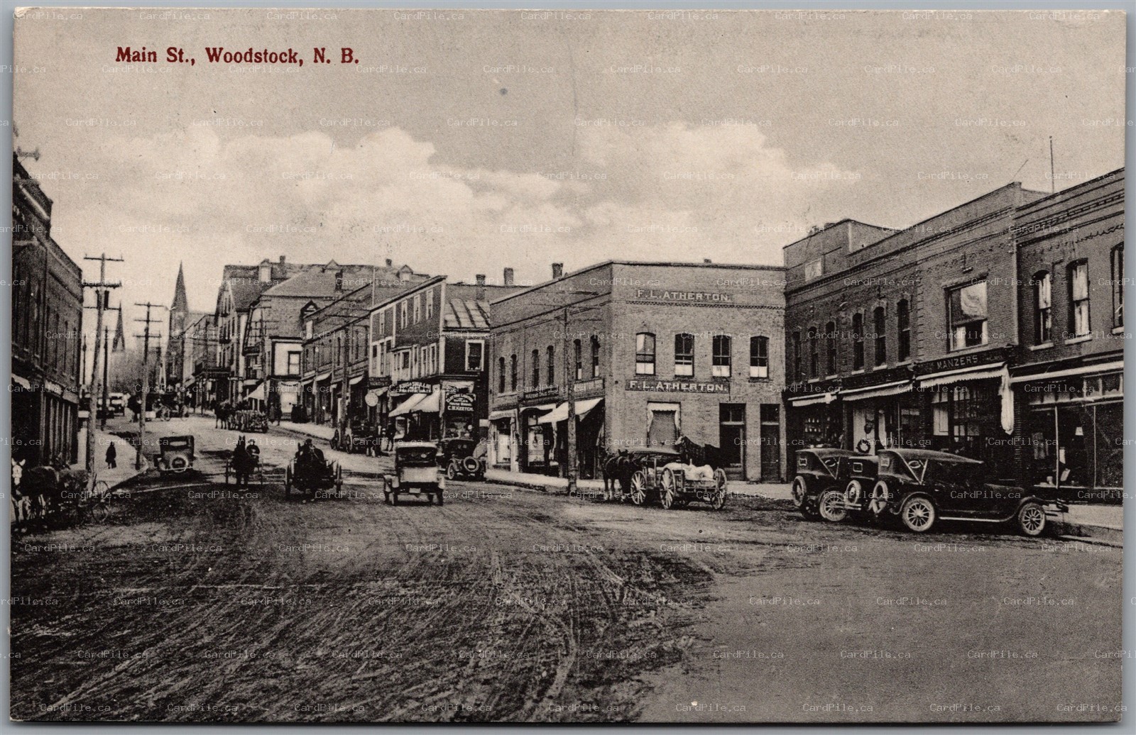 Postcard Woodstock New Brunswick Main Street Old Cars Shop Signs Carleton County