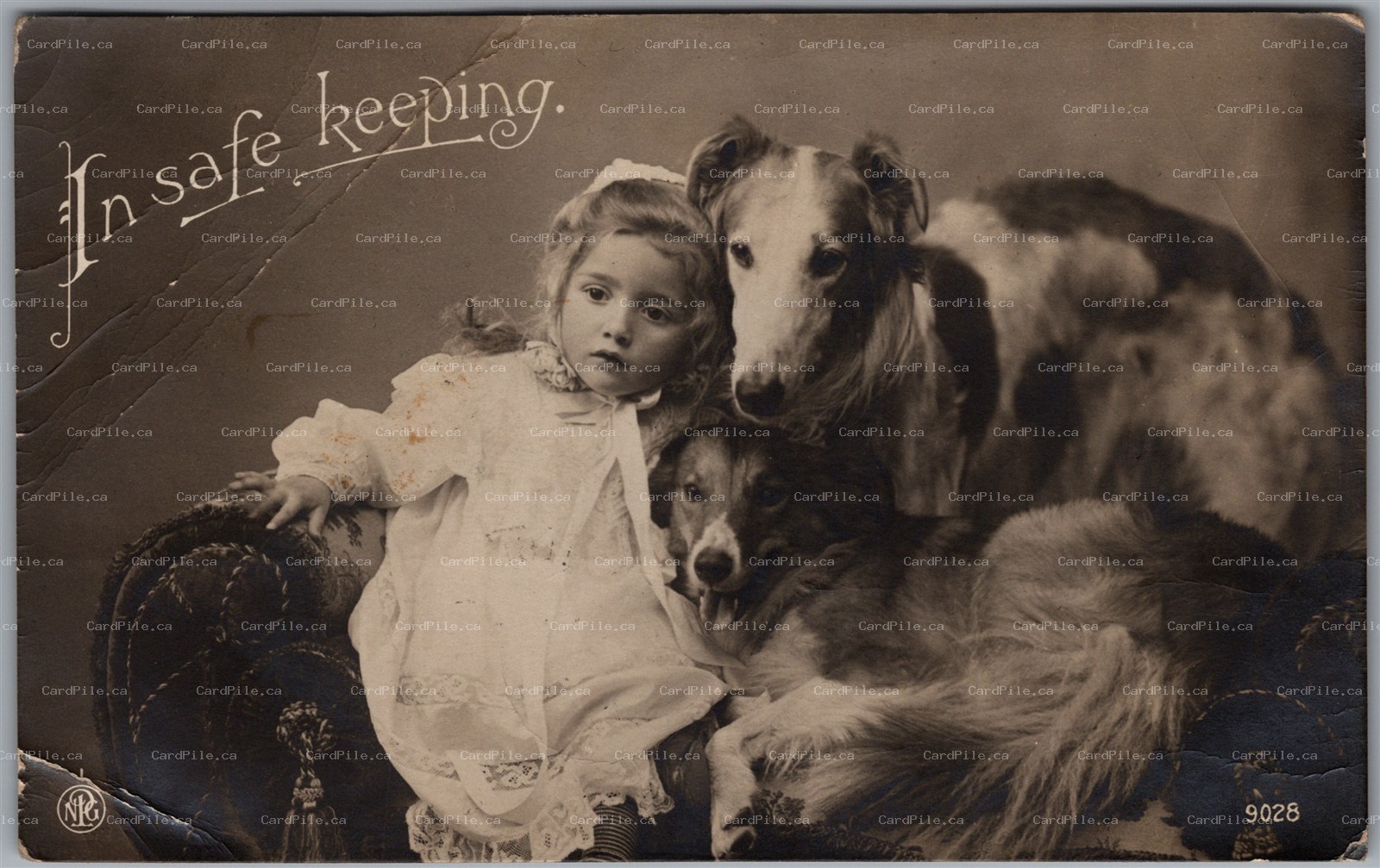 RPPC c1911 Studio Photo Little Girl & 2 Dogs In Safe Keeping to Langford Ontario