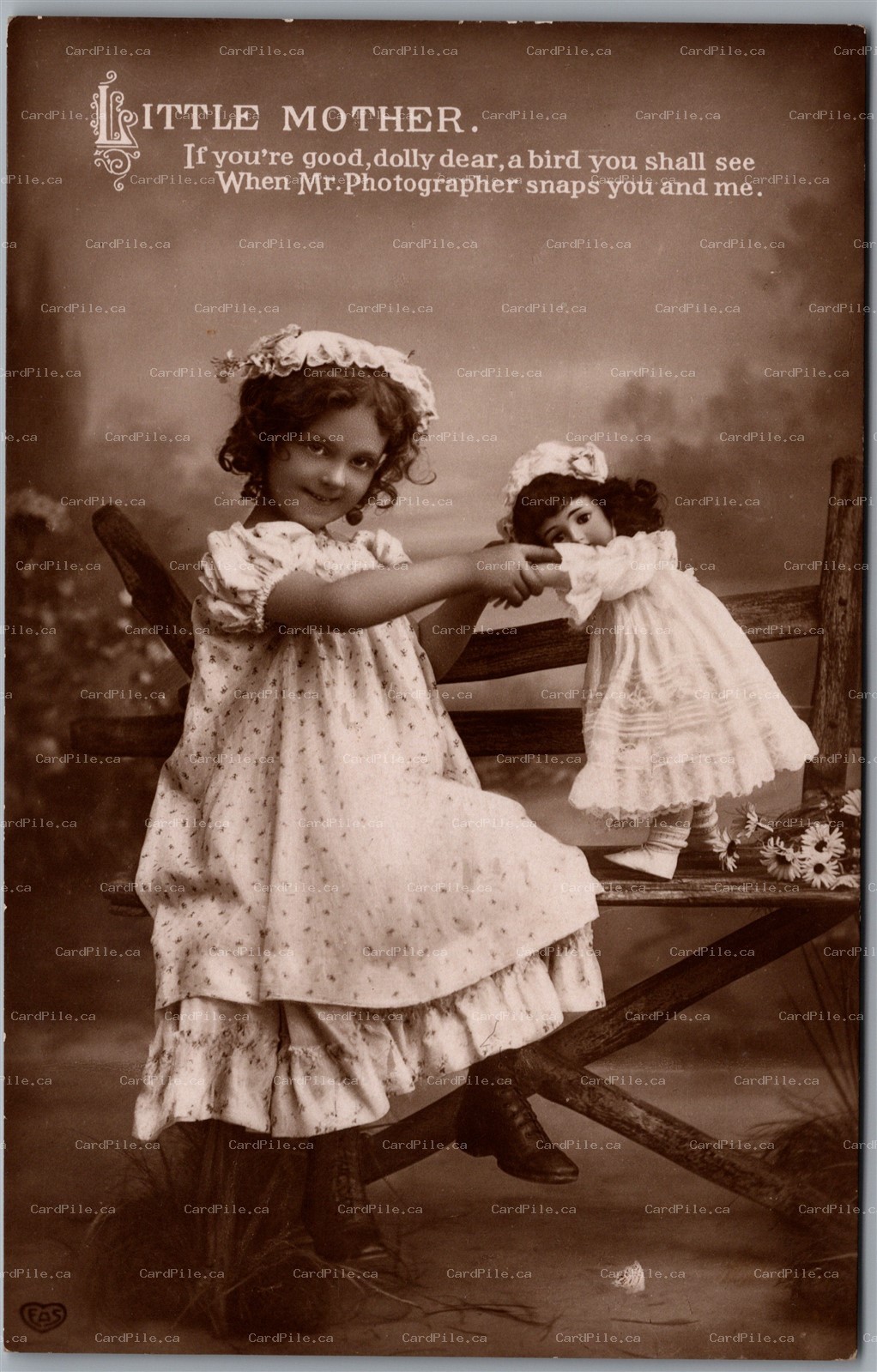 Postcard RPPC c1911 Studio Photo Little Mother Girl with Doll by EAS